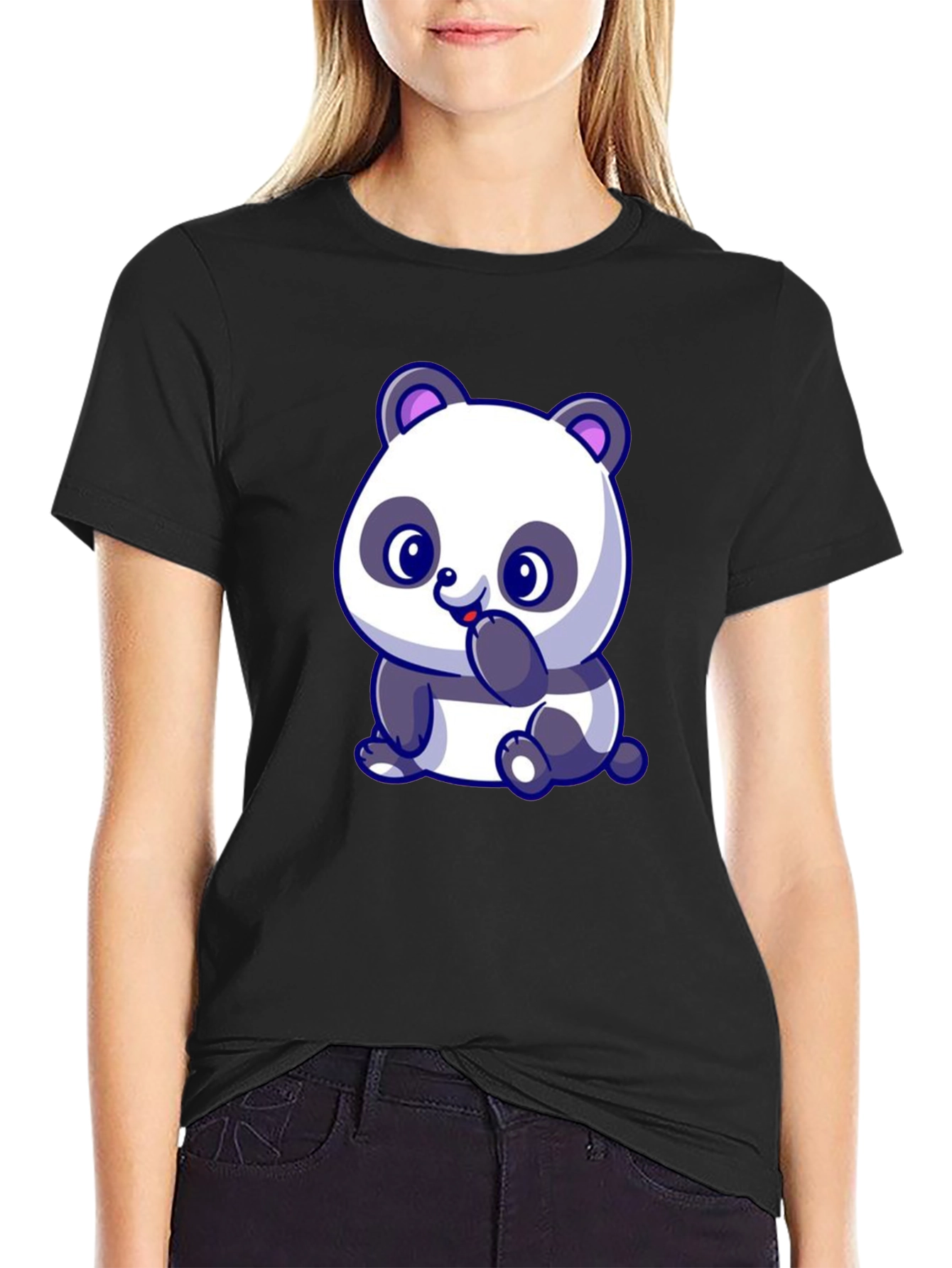 Black Cute Panda Bear Graphic Black T-Shirt view 2