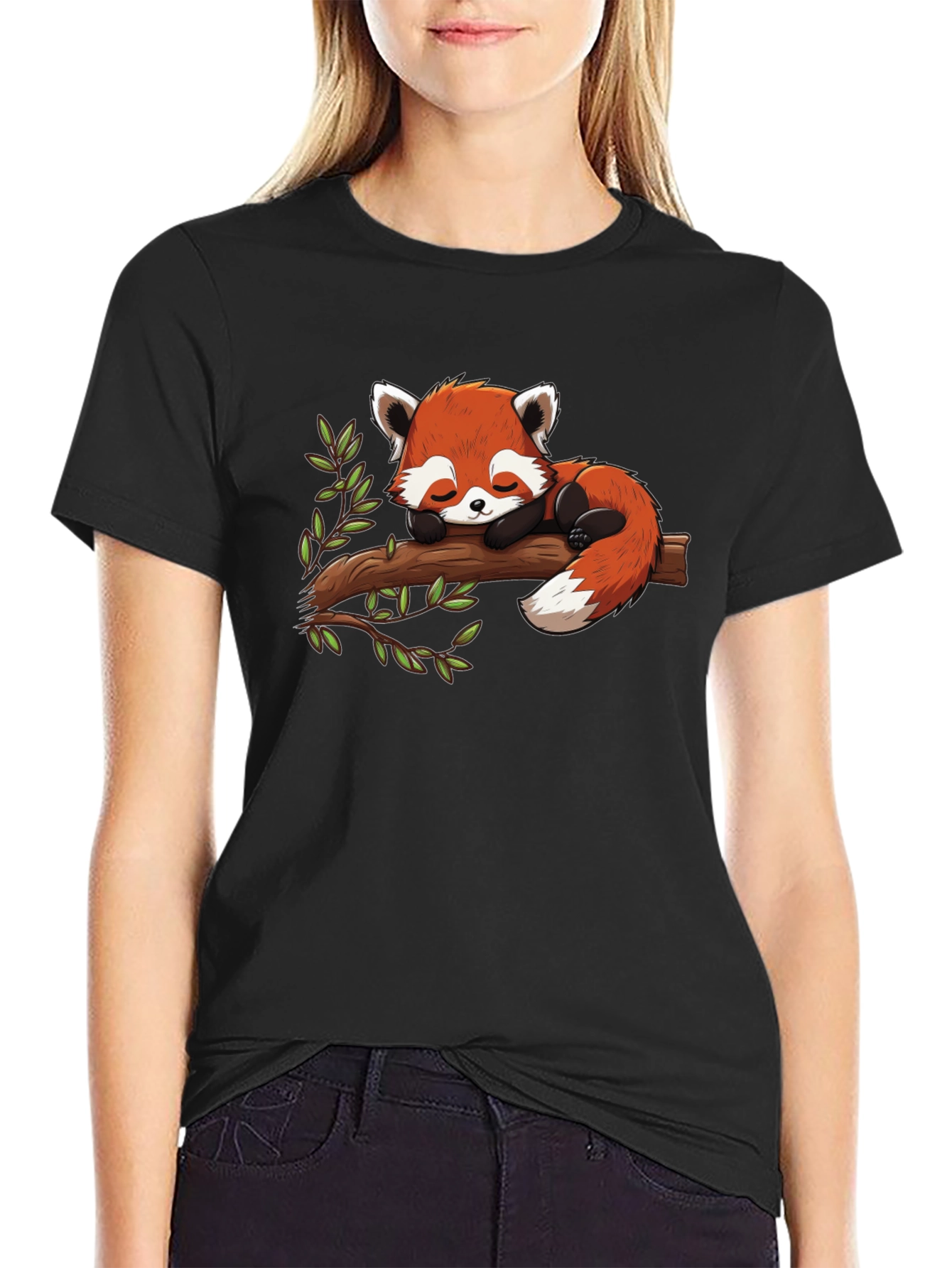 Black Cute Red Panda Napping on Branch Graphic Tee view 2