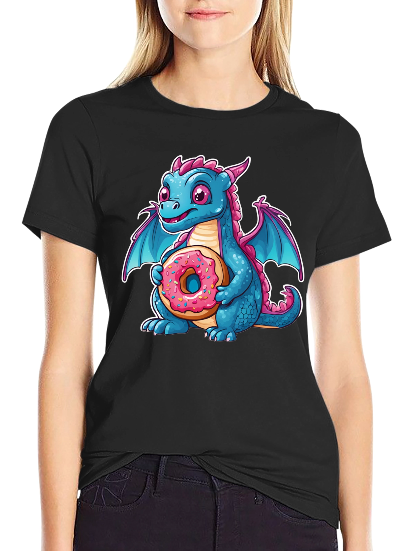 Black Cute Dragon Donut T-Shirt - Cartoon Graphic Tee view 2
