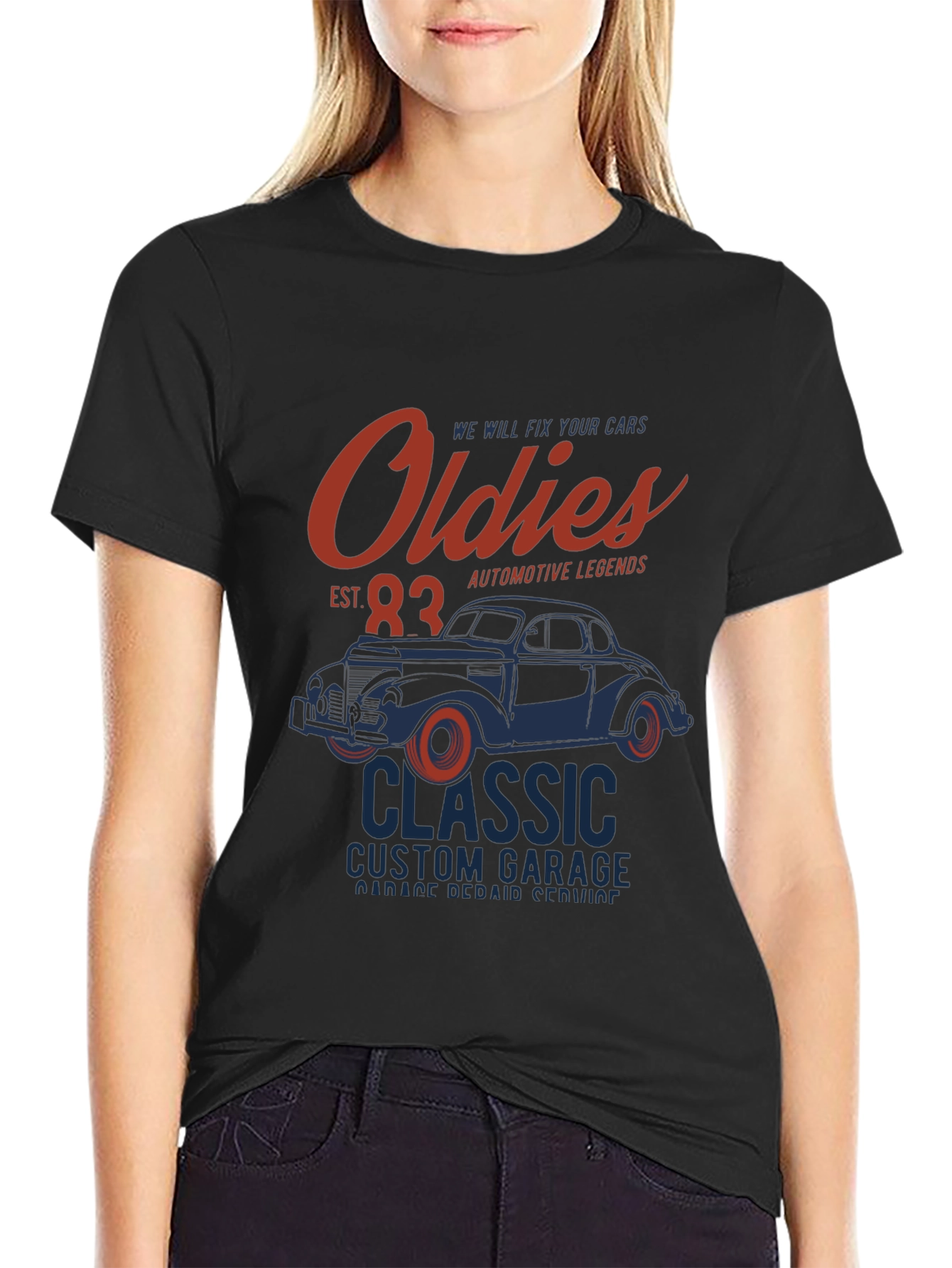 Black Oldies Classic Car Garage T-Shirt view 2