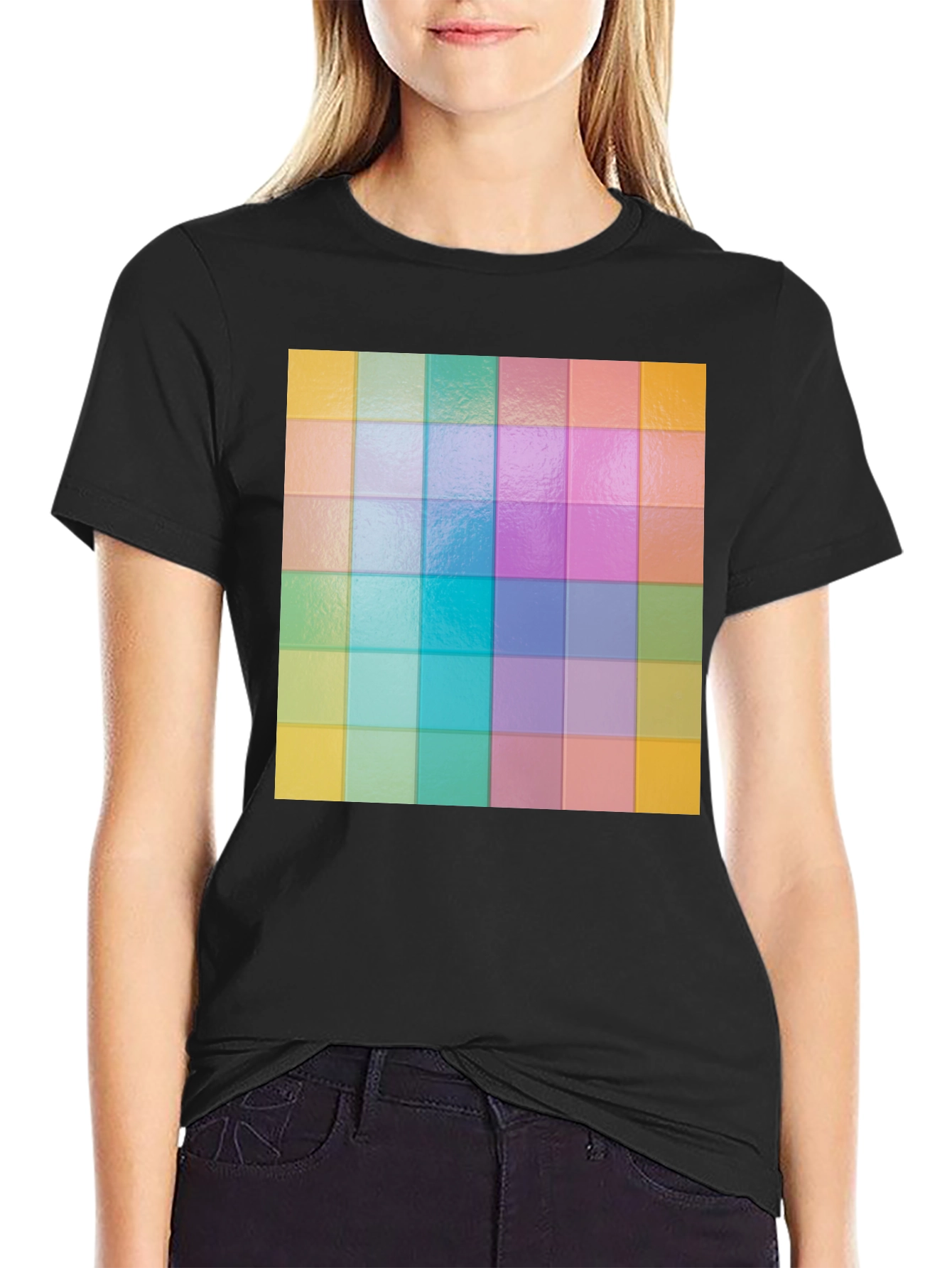 Black Colorful Grid Pattern Graphic Tee - Stylish Casual Wear view 2