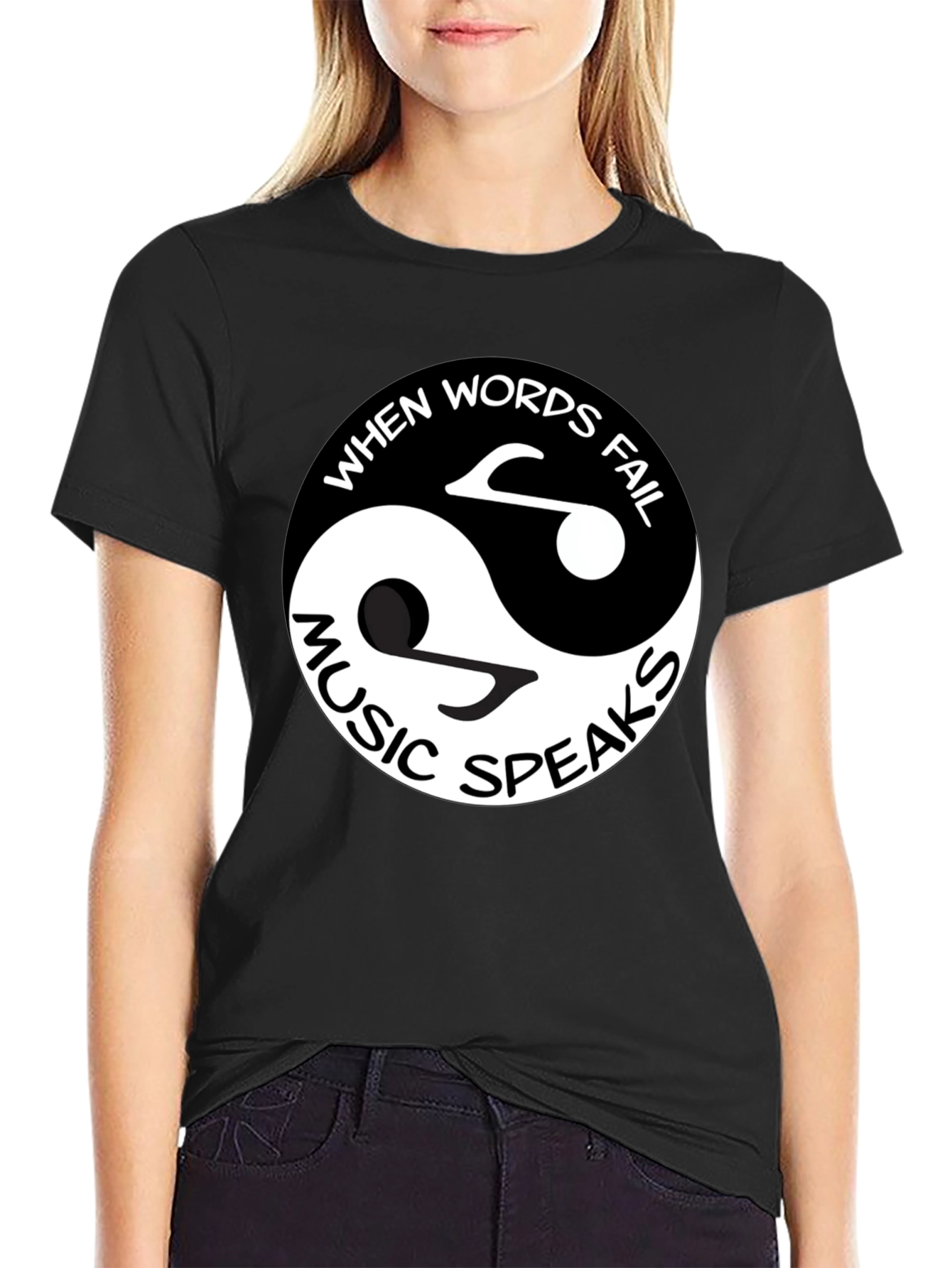 Black Yin Yang Music Speaks Graphic Tee - Black Cotton view 2