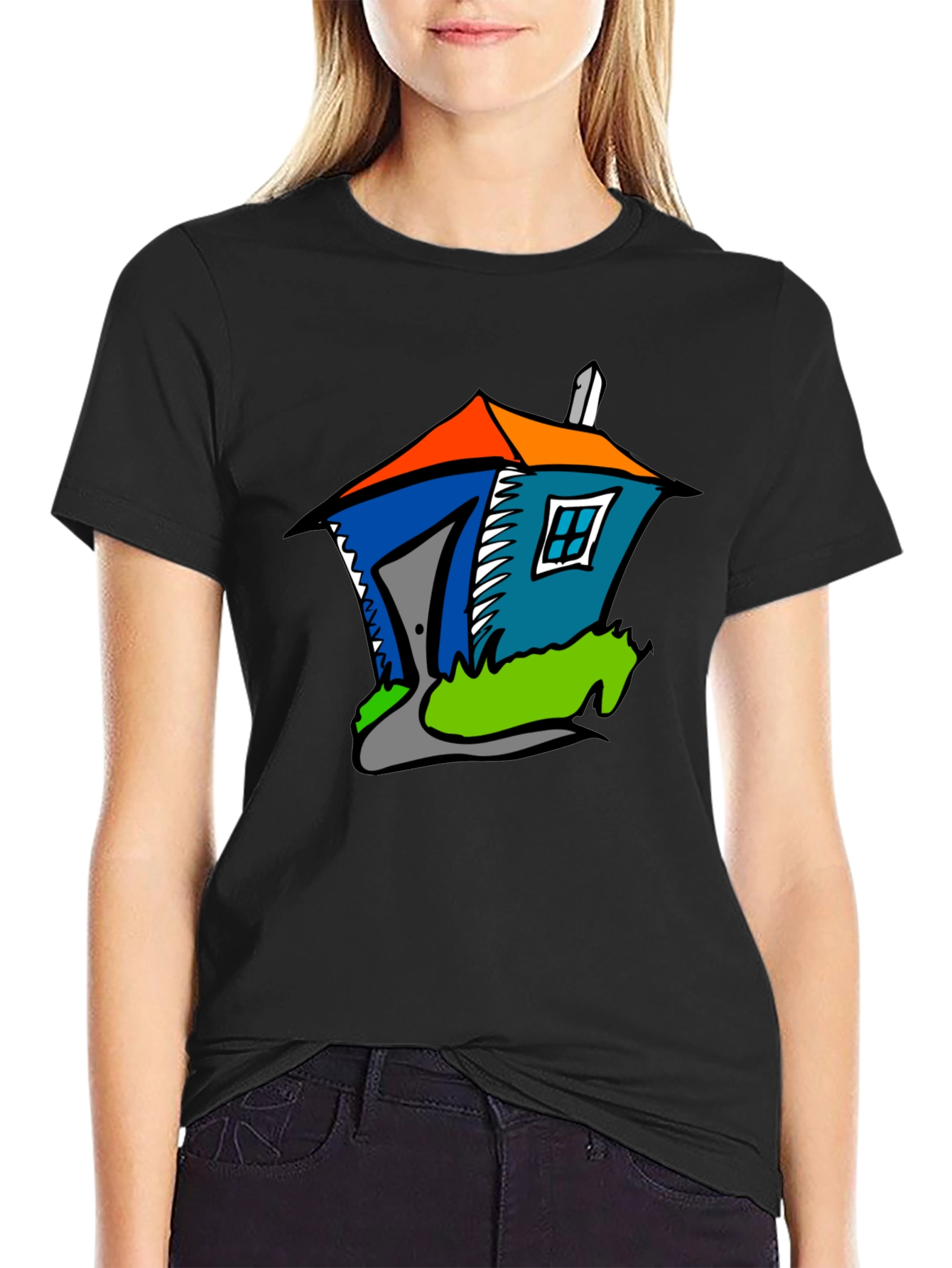 Black Cartoon House Graphic T-Shirt - Quirky Fun Style view 2
