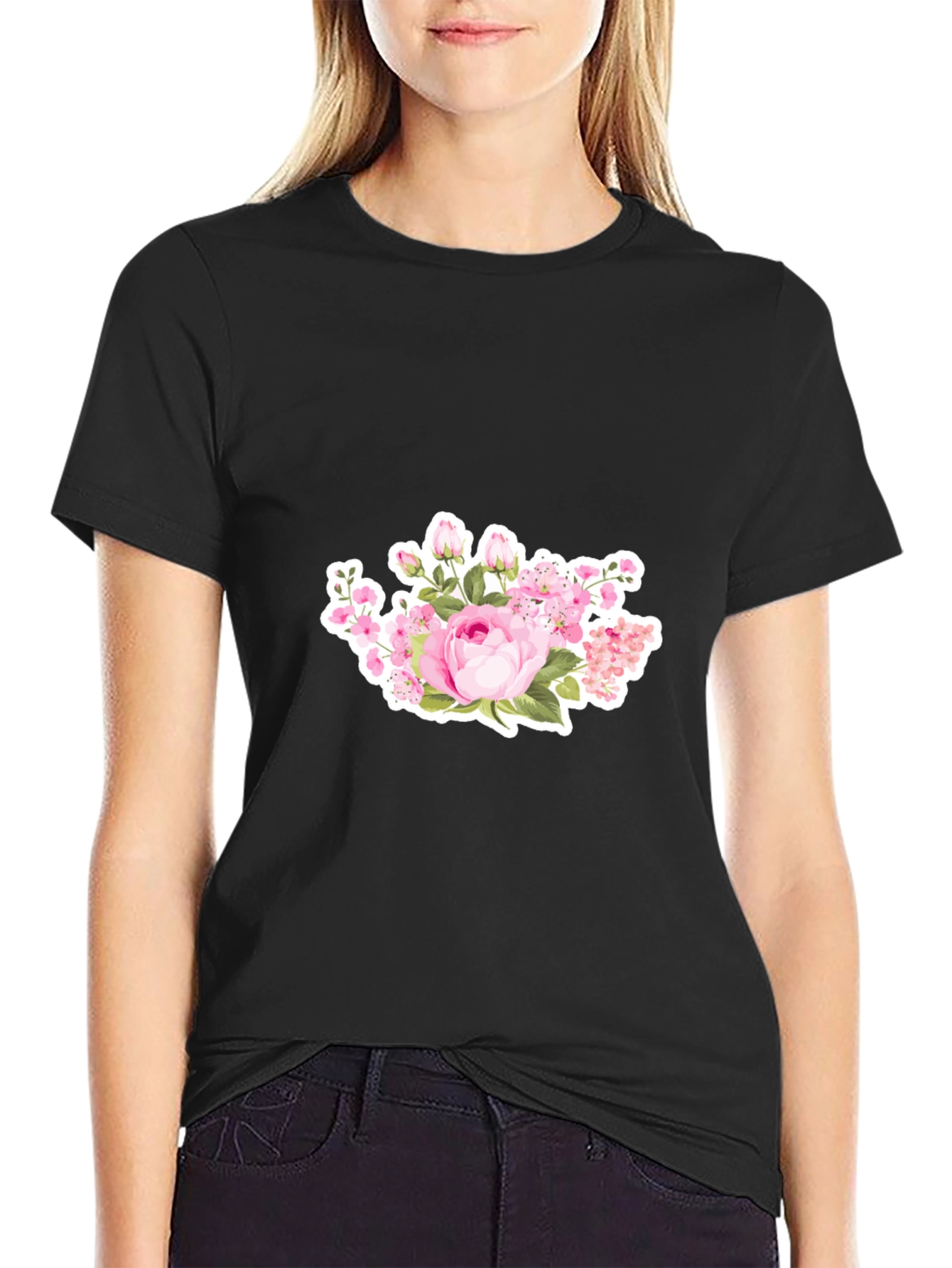 Black Floral Print Black T-Shirt view 2