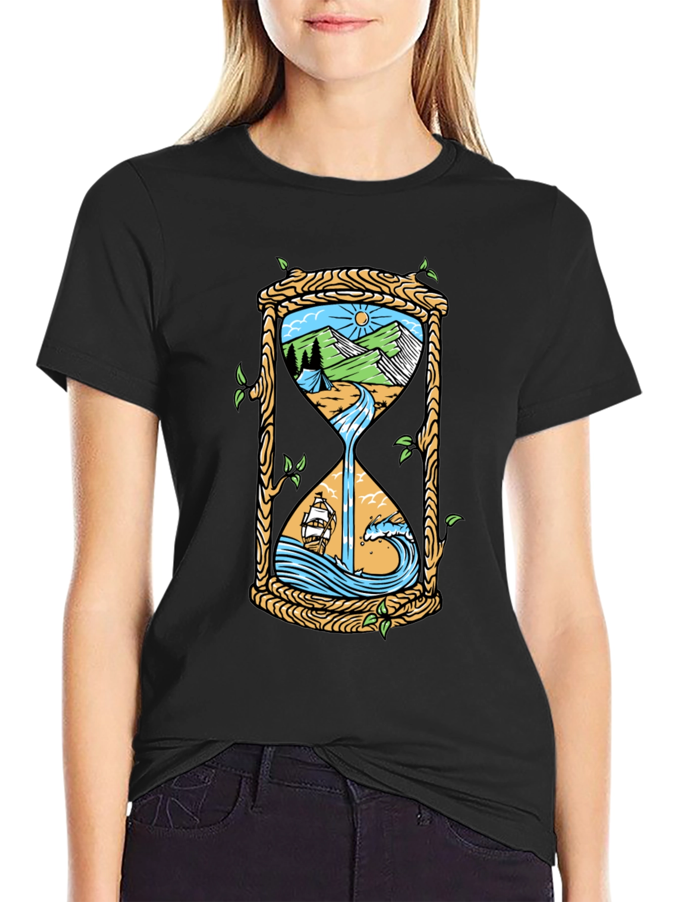 Black Nature Hourglass Graphic Tee - Unique Time Design Shirt view 2
