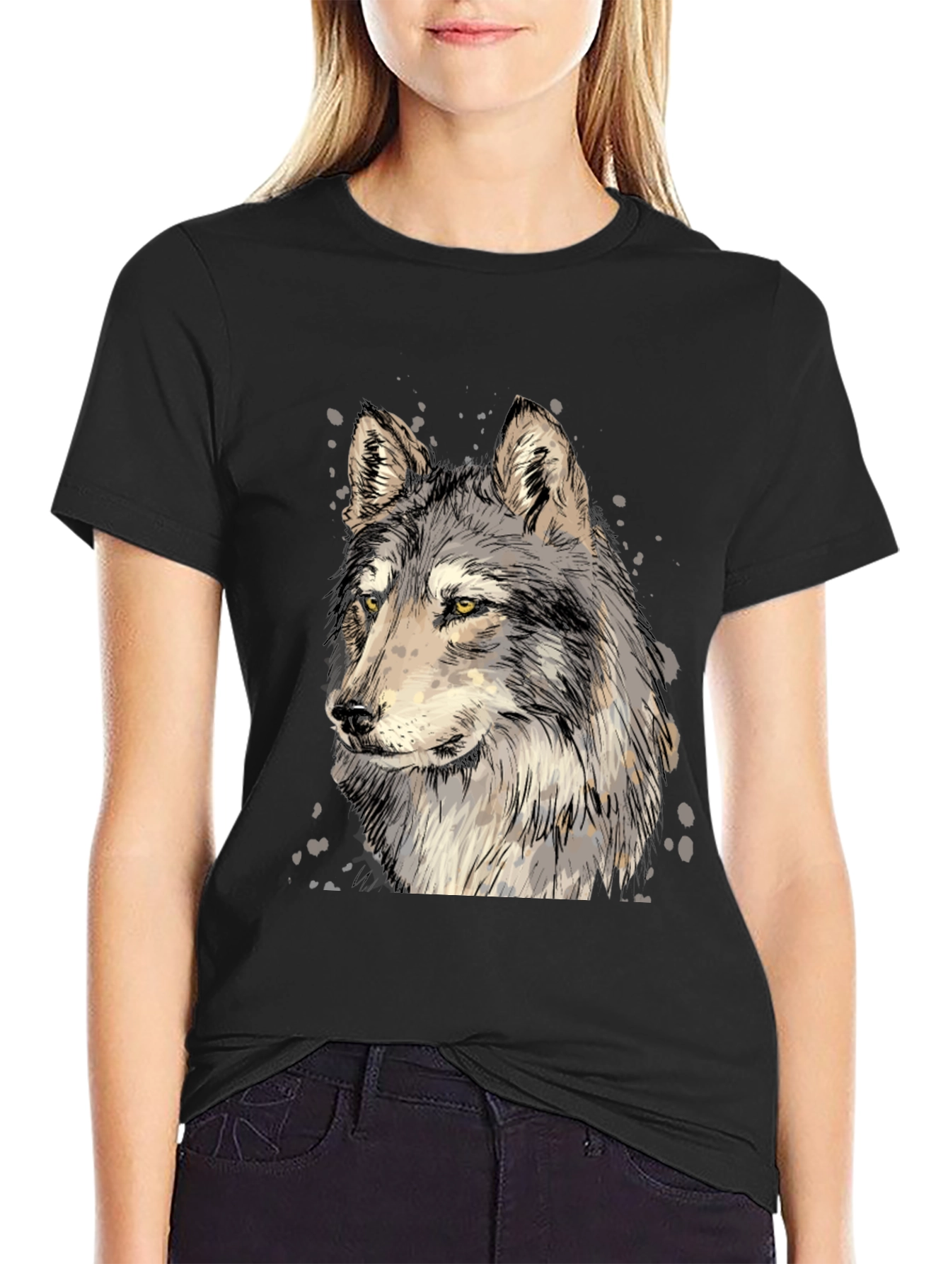 Black Wolf Graphic Print Black T-Shirt view 2