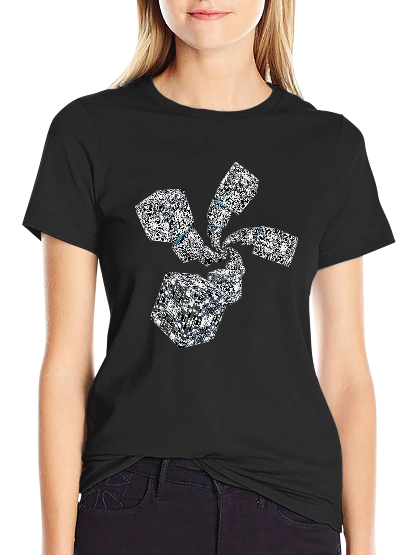 Black Abstract Geometric Cube Spiral Black T-Shirt view 2