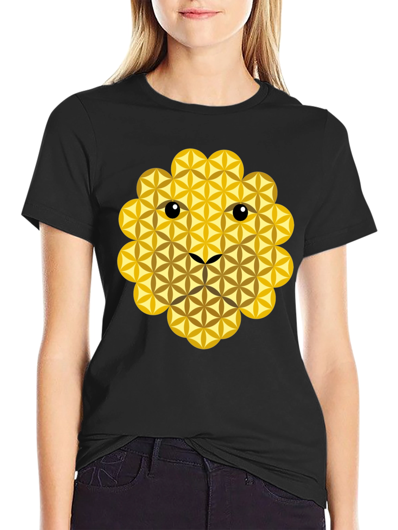 Black Geometric Flower of Life Lion Face Black T-Shirt view 2