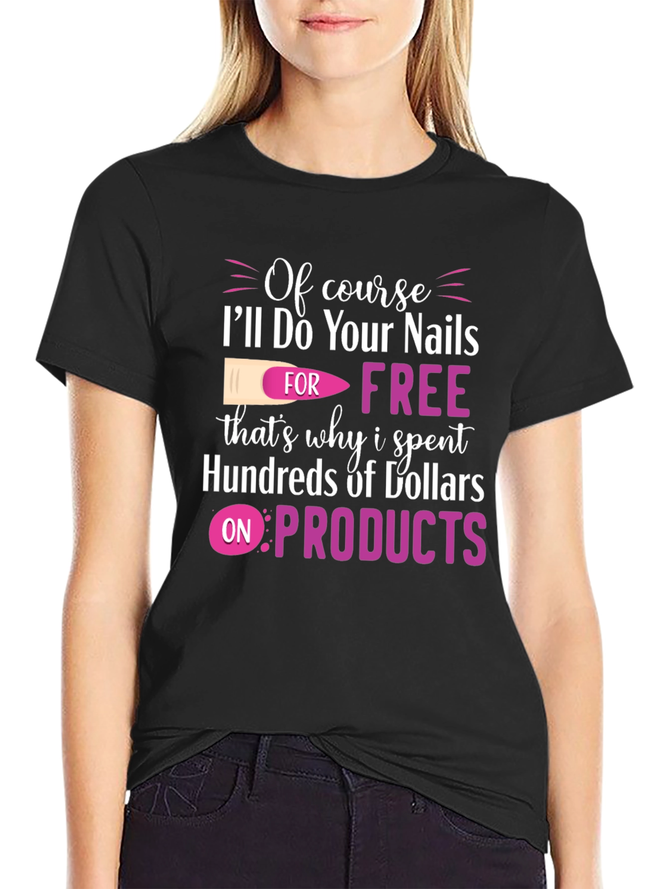 Black Funny Nail Technician T-Shirt - Free Nails view 2
