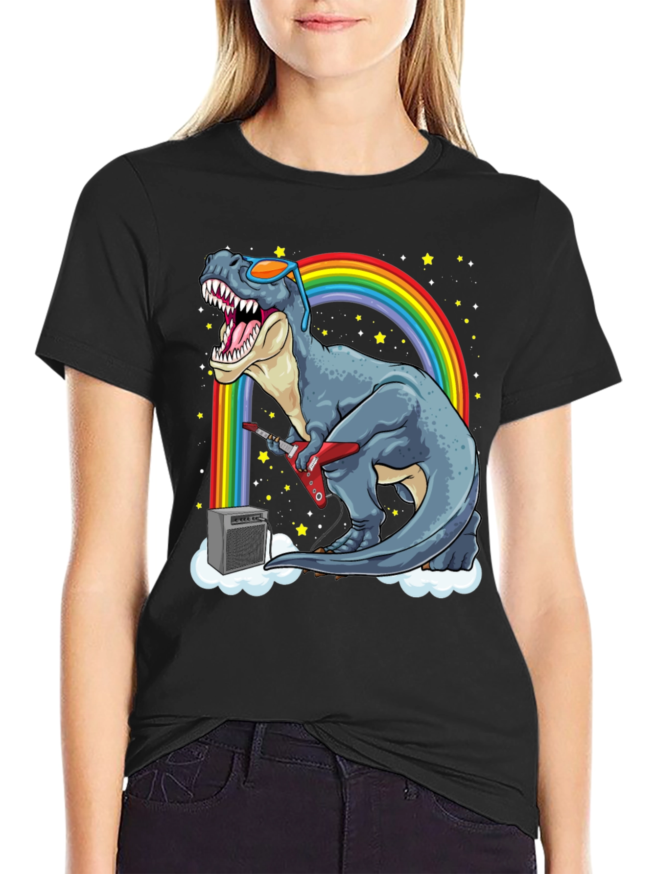 Black Dino Guitarist T-Shirt - Rock 'n' Roll Dinosaur! view 2
