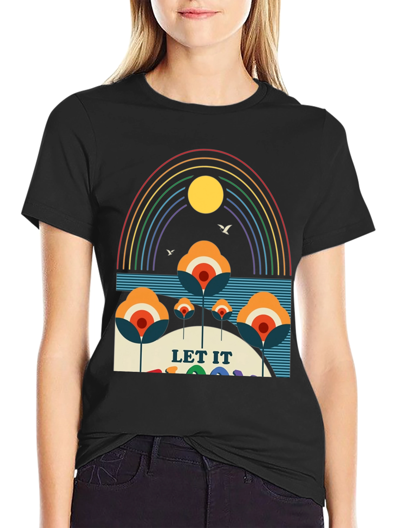 Black Retro "Let It Be" Rainbow Graphic Tee view 2