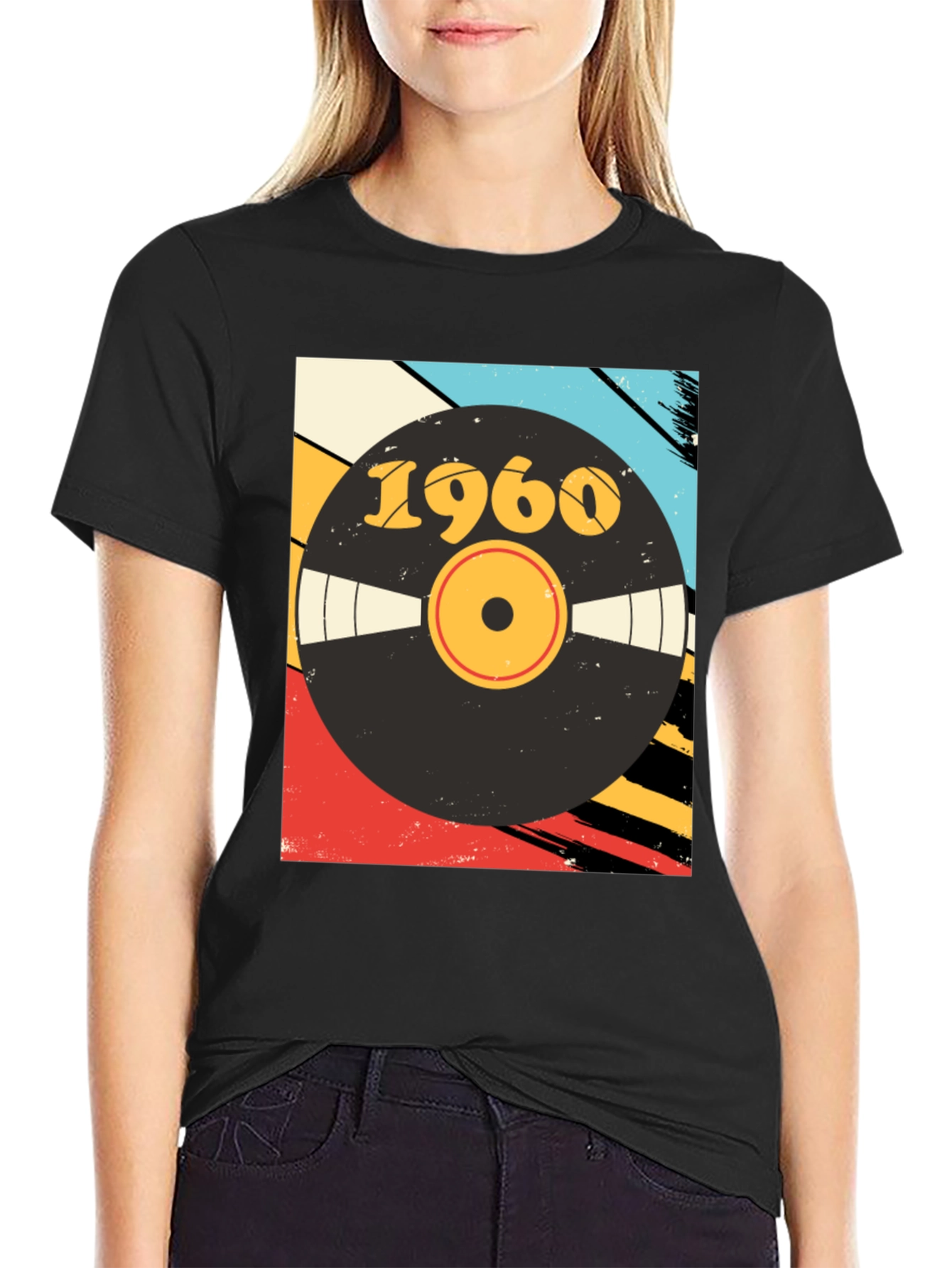 Black Retro 1960 Vinyl Record Graphic T-Shirt view 2