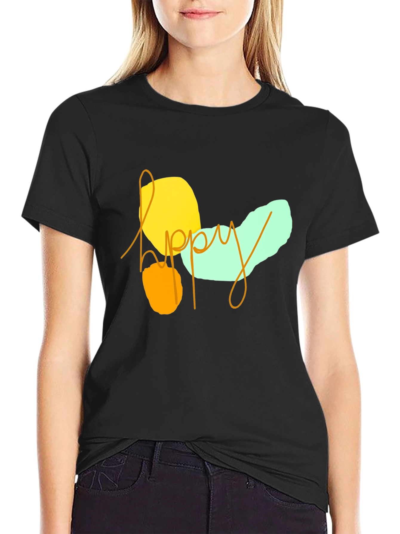 Black Happy Graphic Print Black T-Shirt view 2