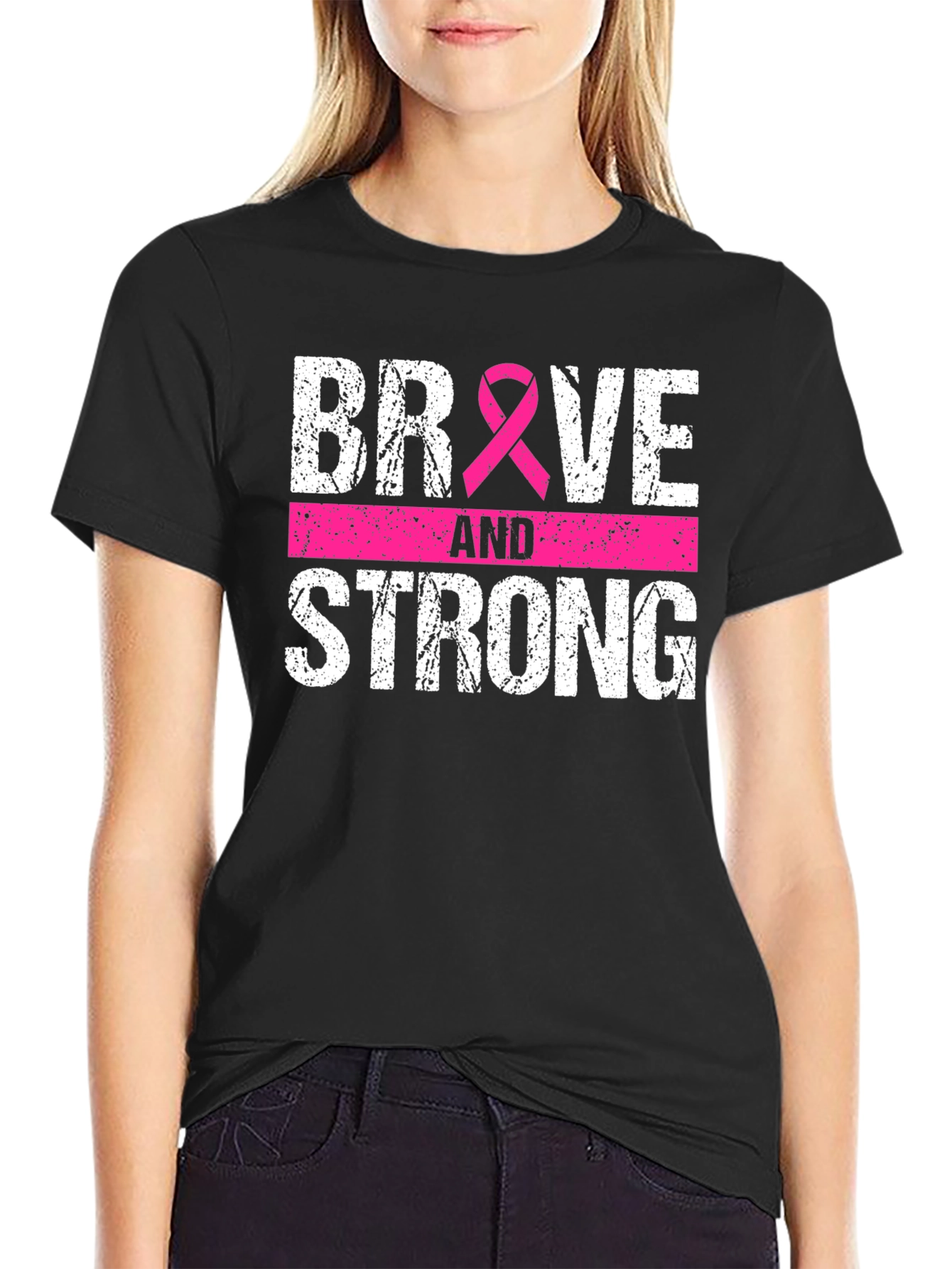Black Brave and Strong Breast Cancer Awareness Tee view 2