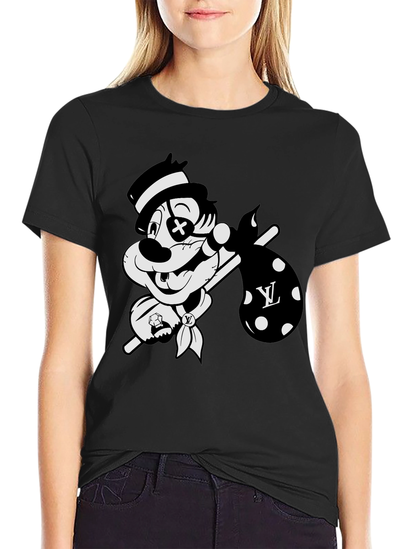Black Cartoon Hobo Graphic Black T-Shirt view 2