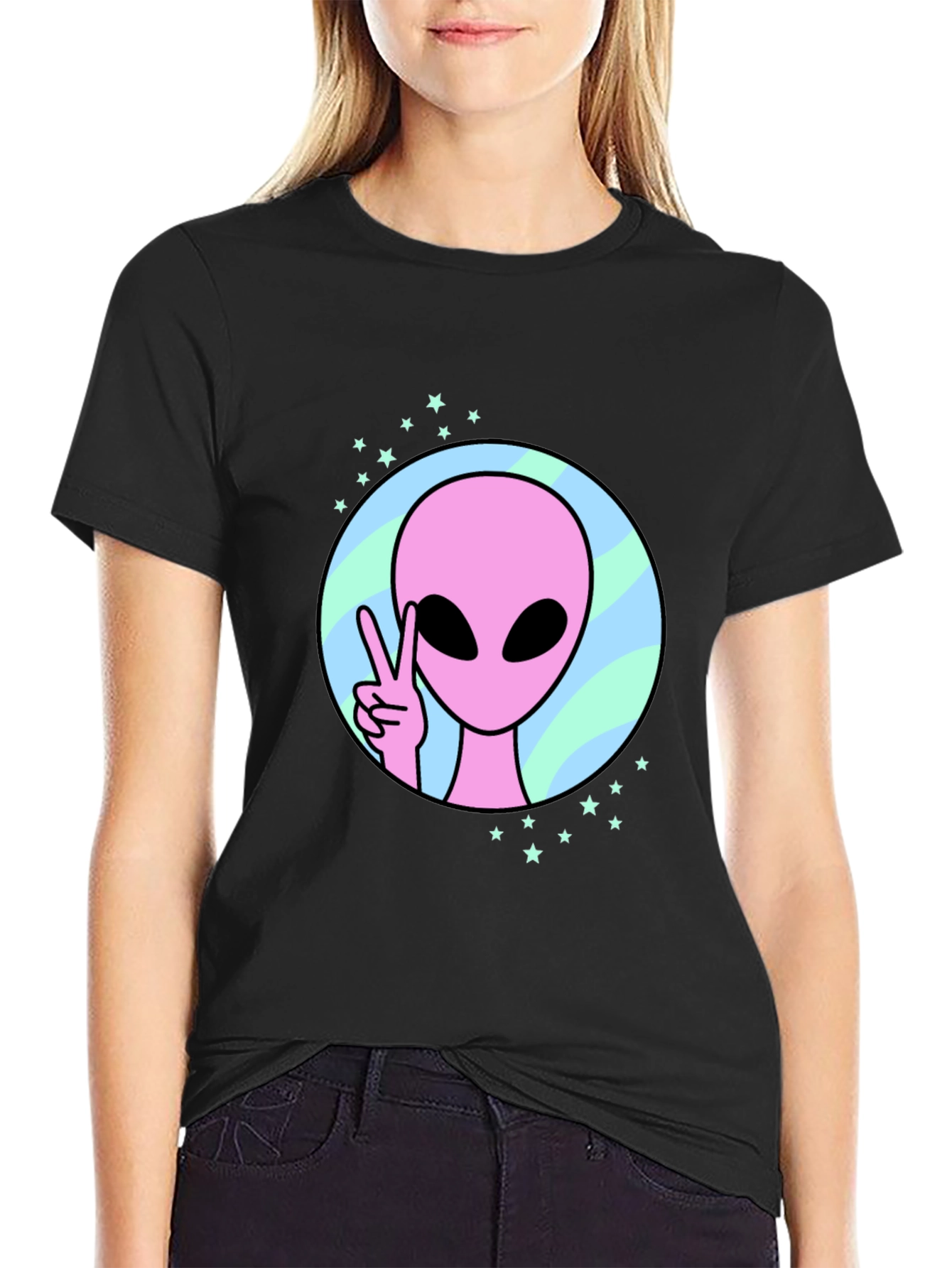 Black Peace Alien Graphic Tee - Black Cotton Shirt view 2