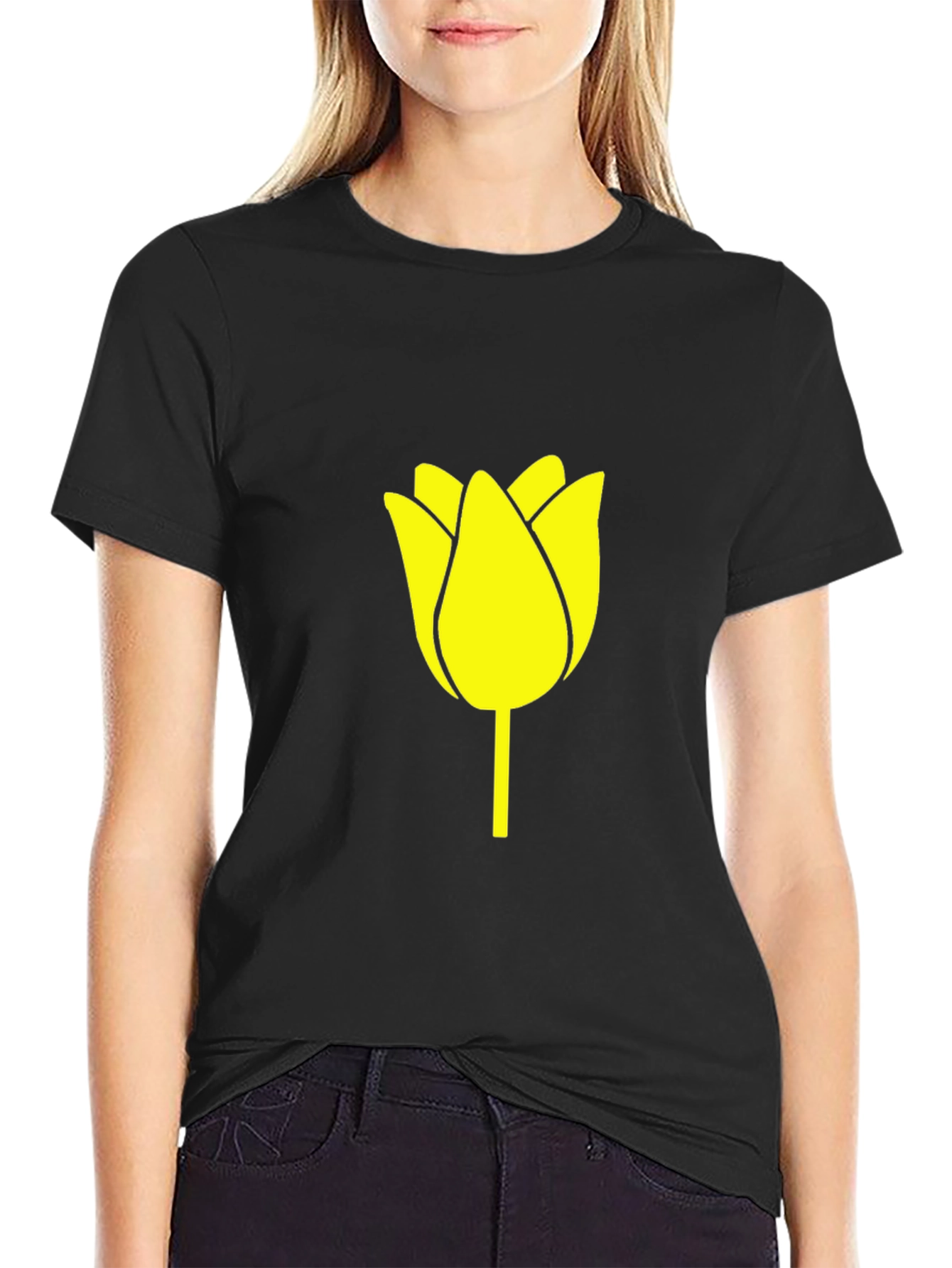 Black Black T-Shirt with Yellow Tulip Graphic view 2