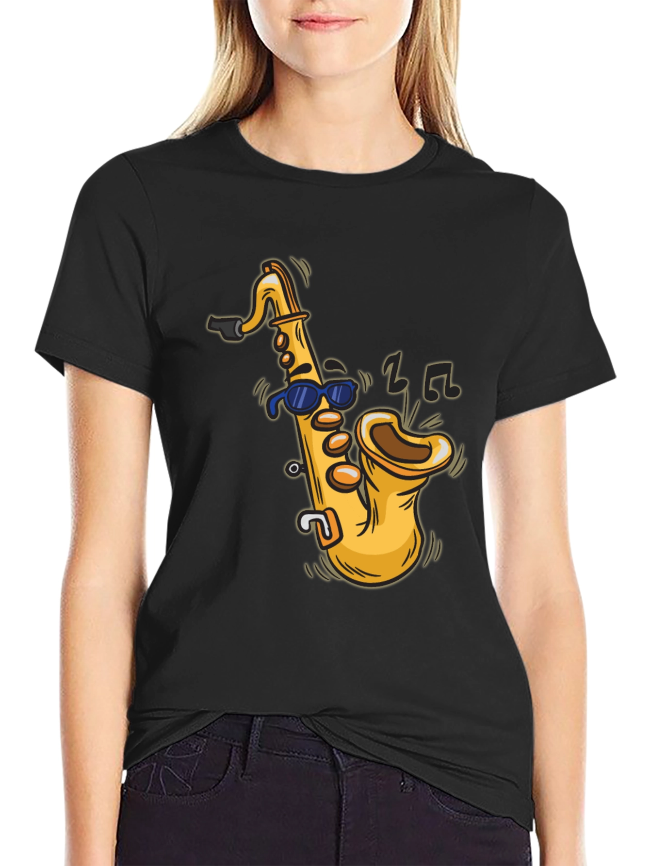 Black Cool Saxophone Cartoon Black T-Shirt view 2