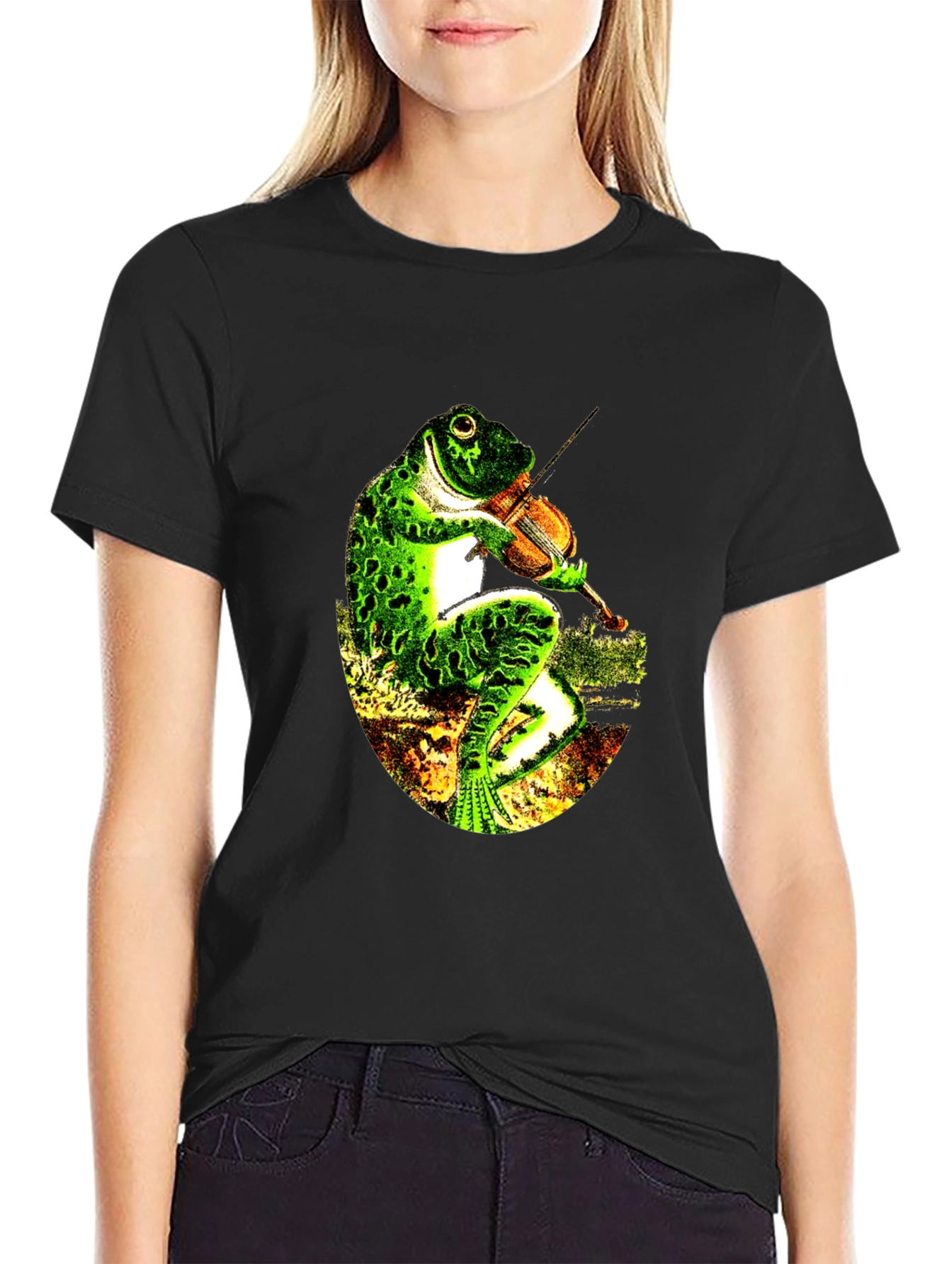 Black Frog Playing Violin Black T-Shirt view 2