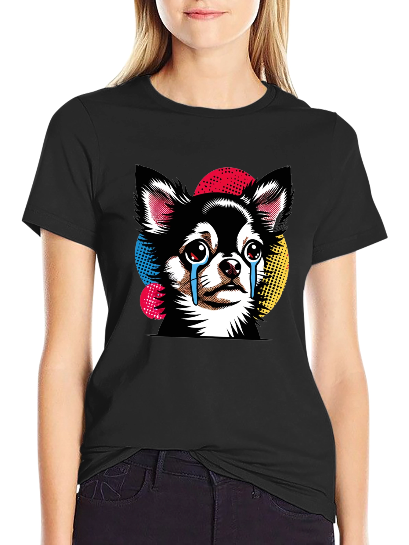Black Crying Chihuahua Graphic Tee - Black Cotton T-Shirt view 2