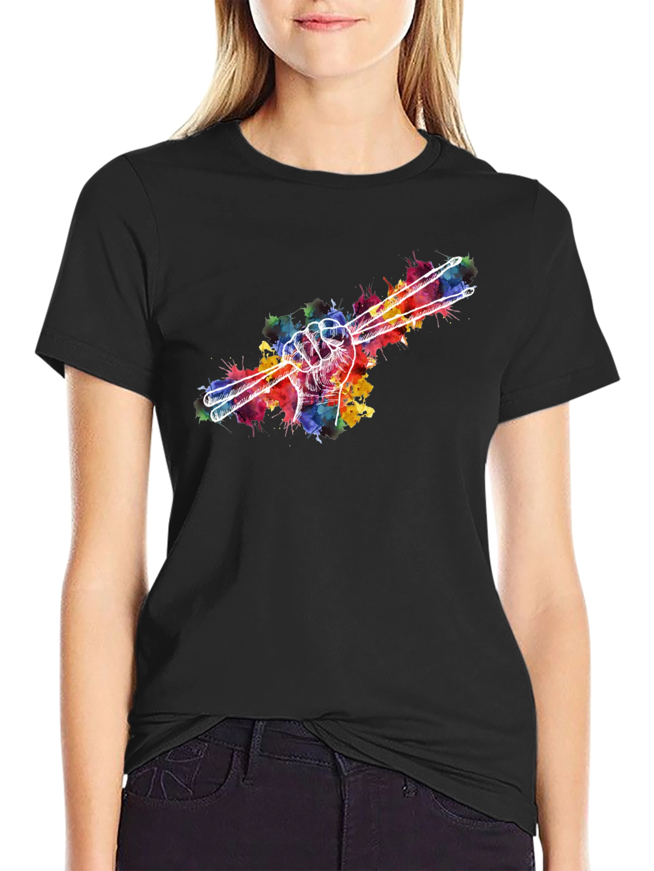 Black Drummer Hand Drumsticks Colorful T-Shirt view 2