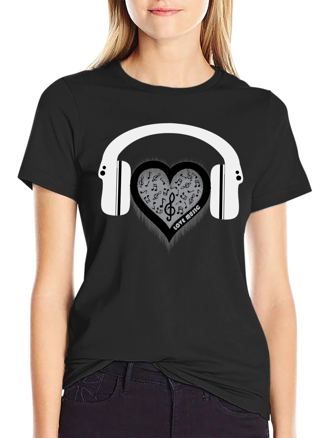 Black Love Music Heart Headphones Graphic T-Shirt view 2