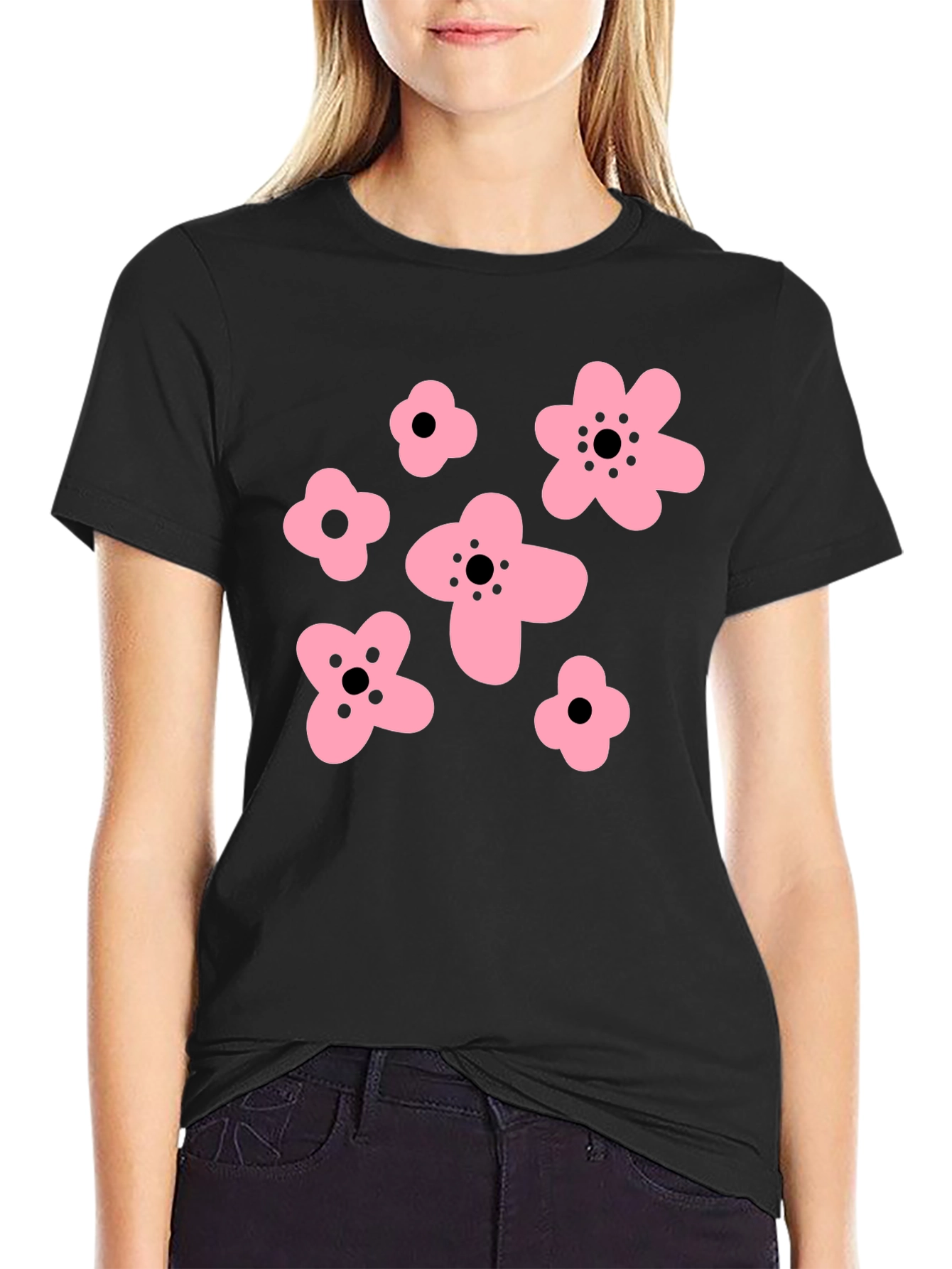 Black Pink Floral Graphic Black T-Shirt view 2