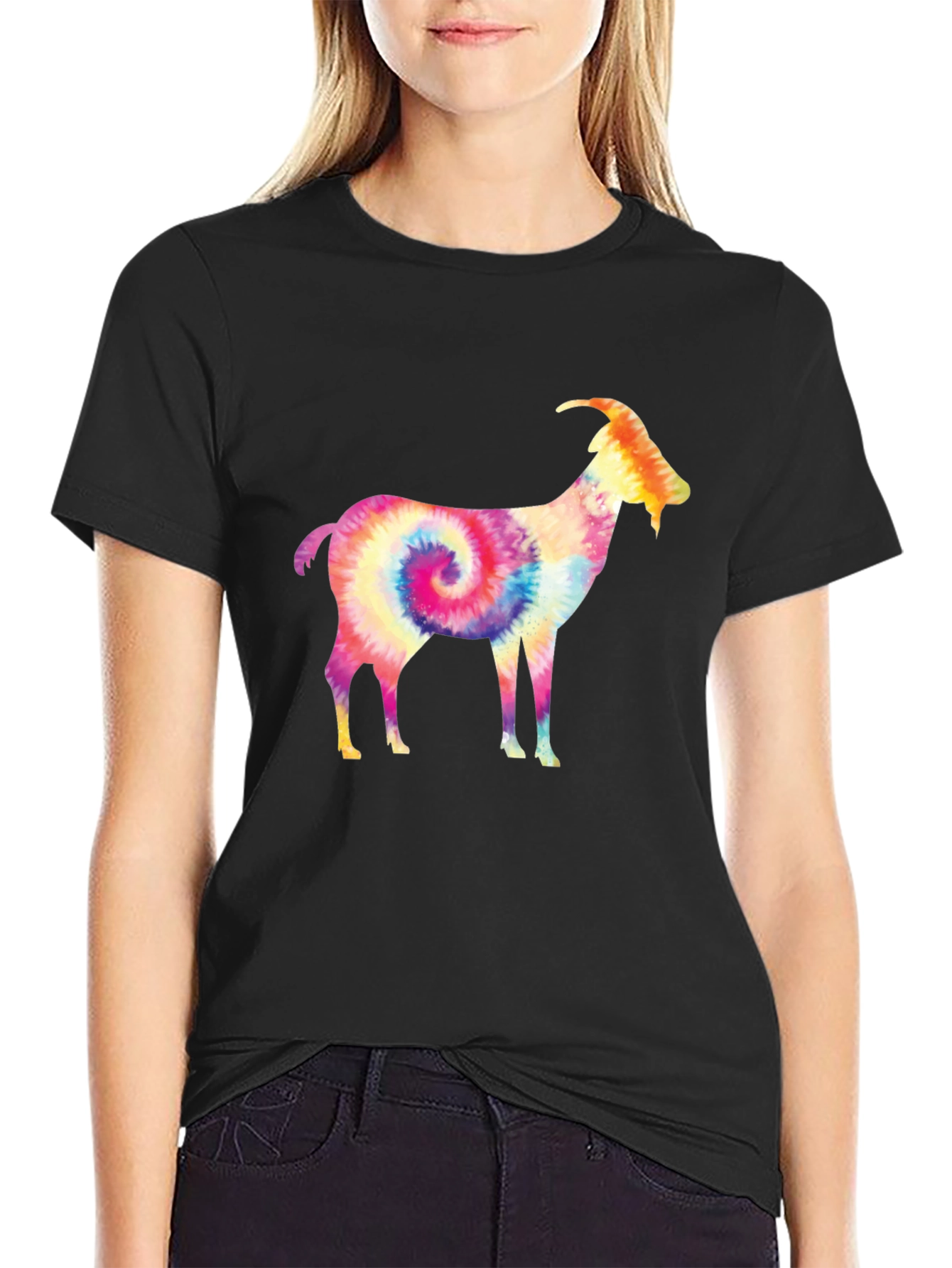 Black Tie-Dye Goat Graphic Tee - Black Cotton view 2