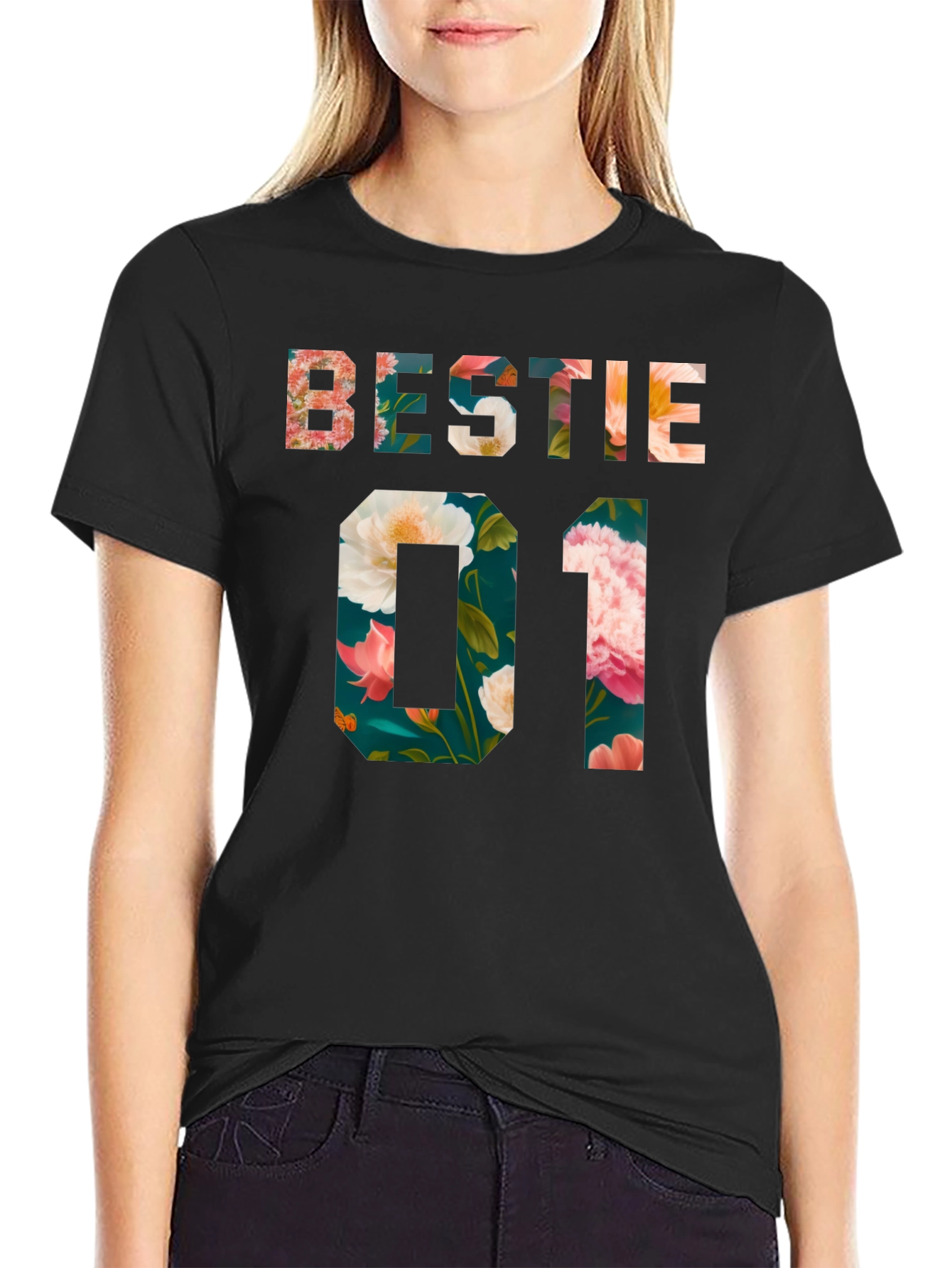 Black Floral Bestie 01 Black T-Shirt view 2