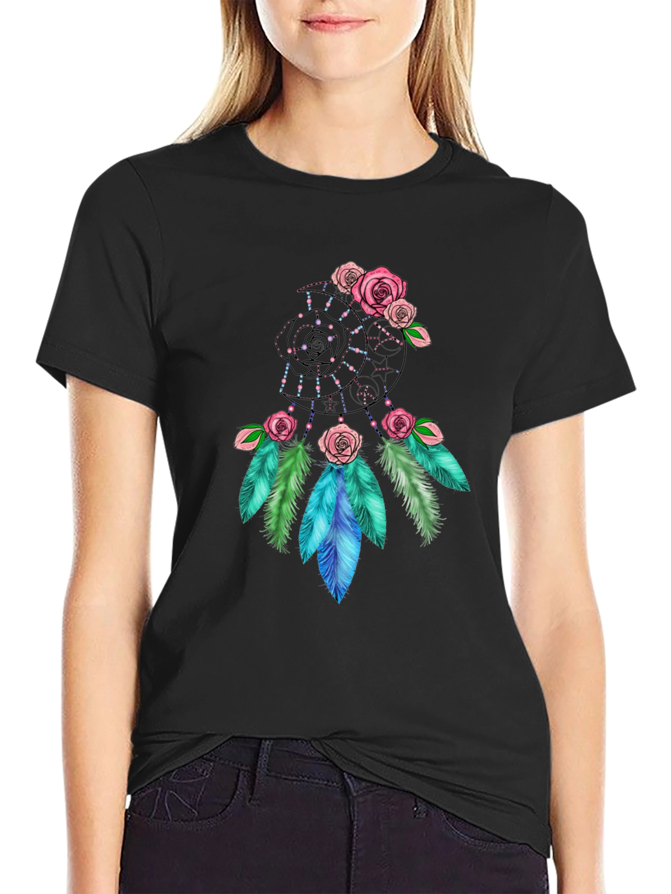 Black Dreamcatcher Rose Graphic Black T-Shirt view 2