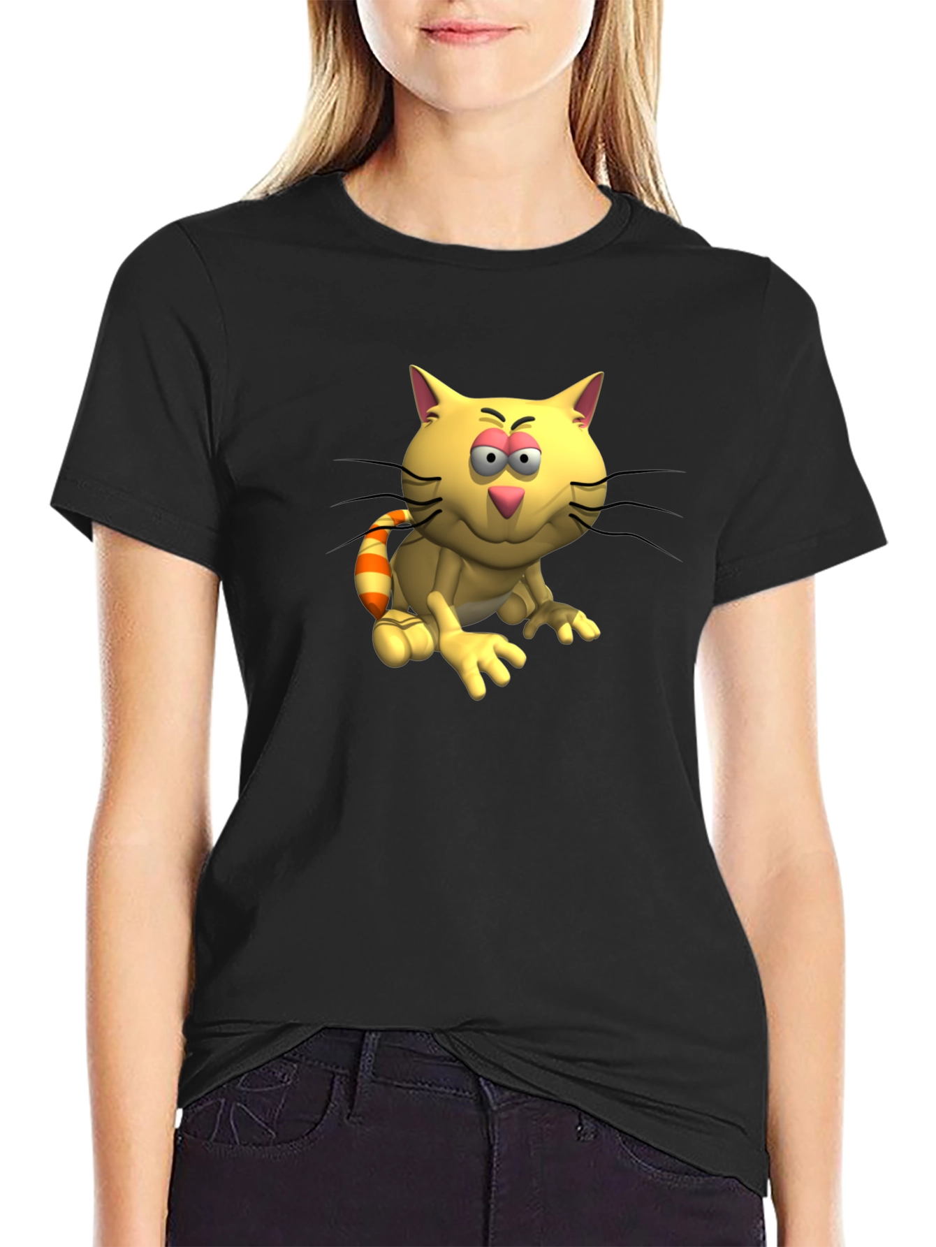 Black Cartoon Cat Graphic Tee - Casual Black T-Shirt view 2