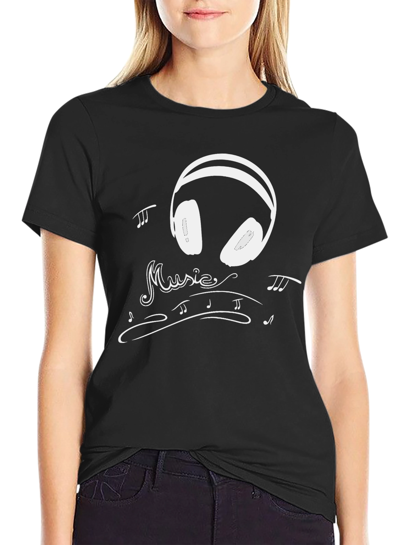 Black Music Lover's Black T-Shirt with Headphone Design view 2