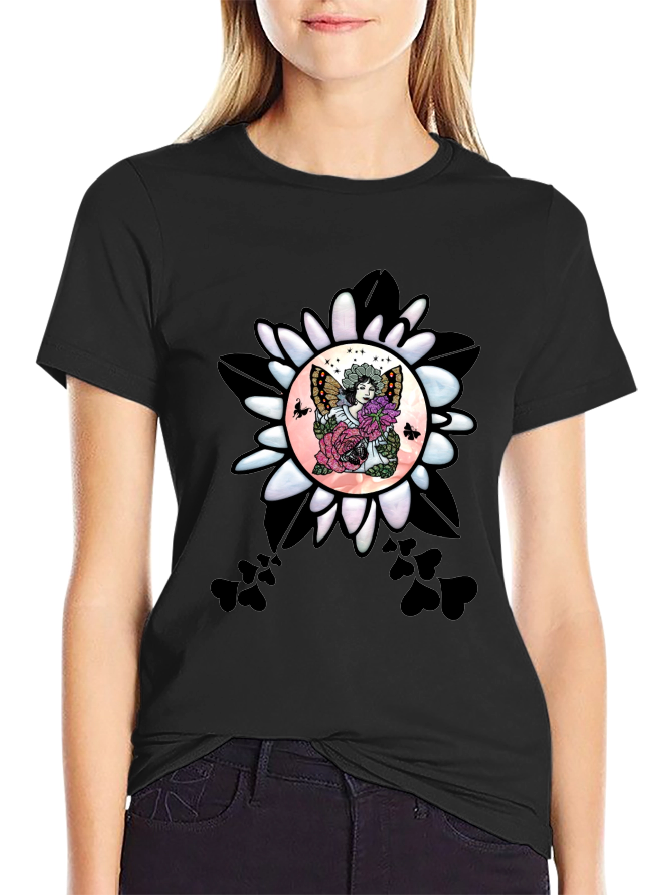 Black Floral Fairy Graphic T-Shirt - Unique Design view 2