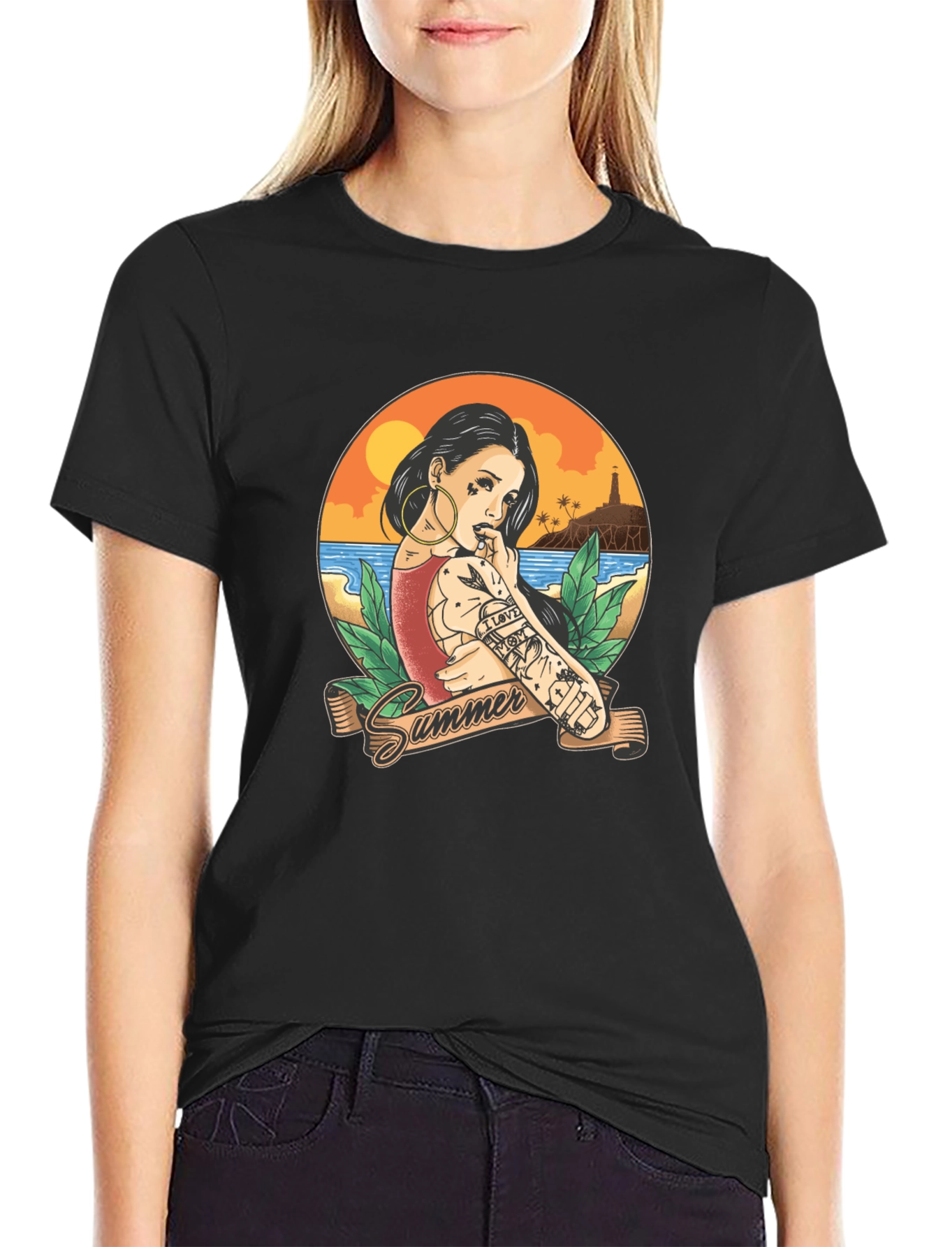 Summer Tattoo Girl Graphic T-Shirt - Black - 2