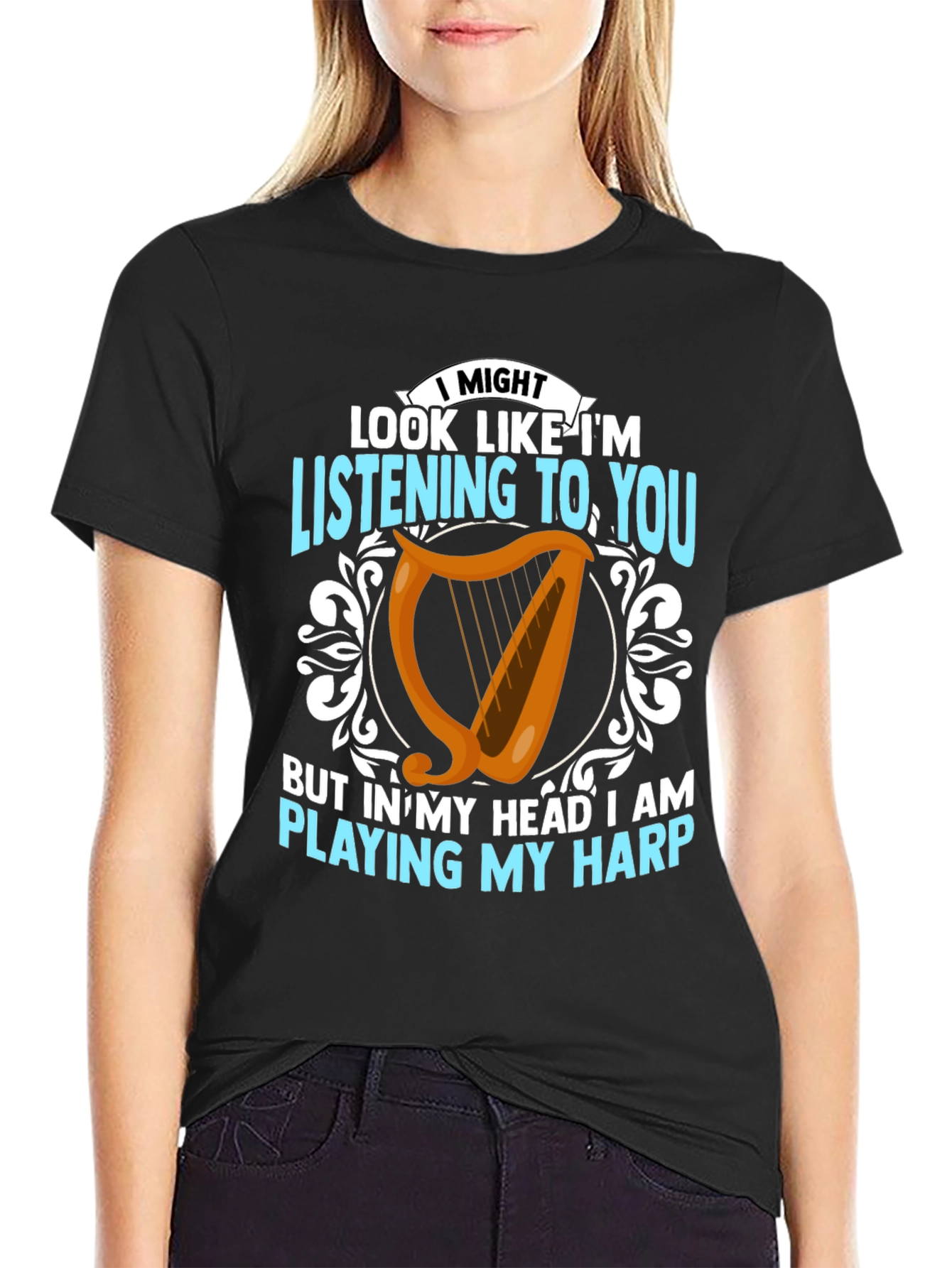 Black Harp Player T-Shirt - Musical Mind Black Tee view 2