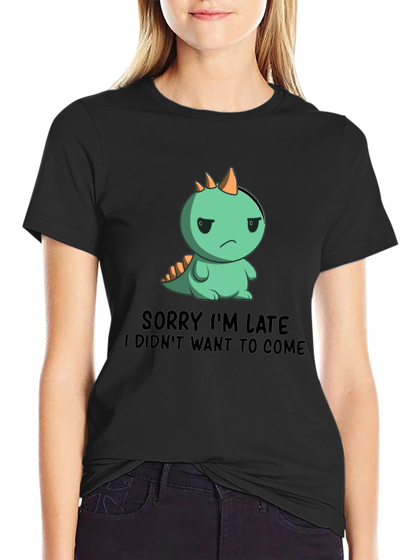 Black Funny Dinosaur Sorry I'm Late Graphic T-Shirt view 2