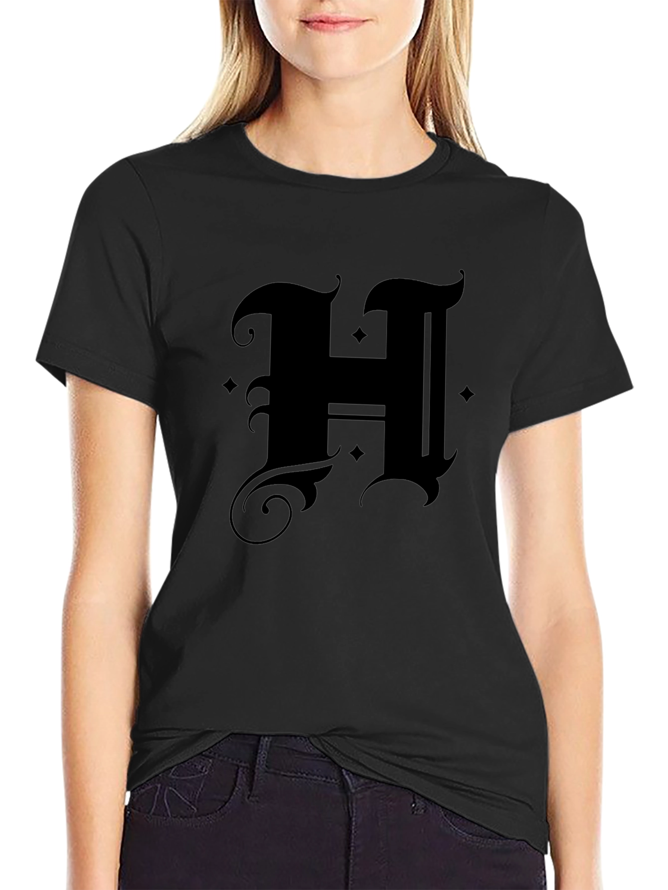 Black Gothic Initial "H" Black T-Shirt view 2
