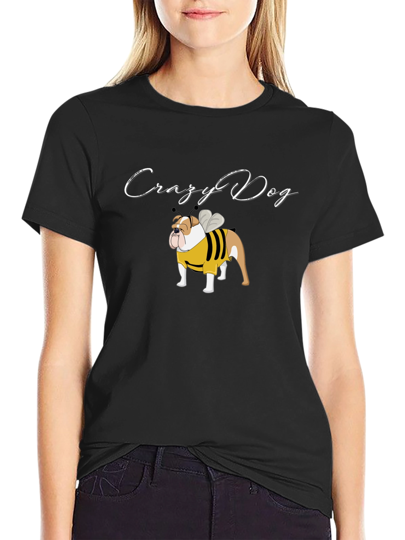 Black Crazy Dog Bulldog Bee T-Shirt view 2