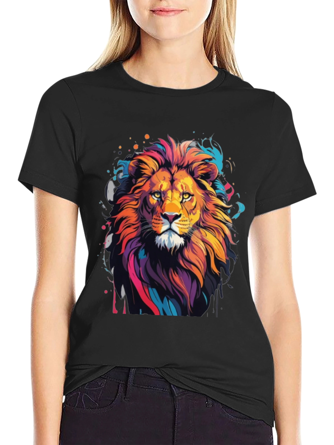 Black Vibrant Lion Graphic Tee - Artistic Men's T-Shirt view 2
