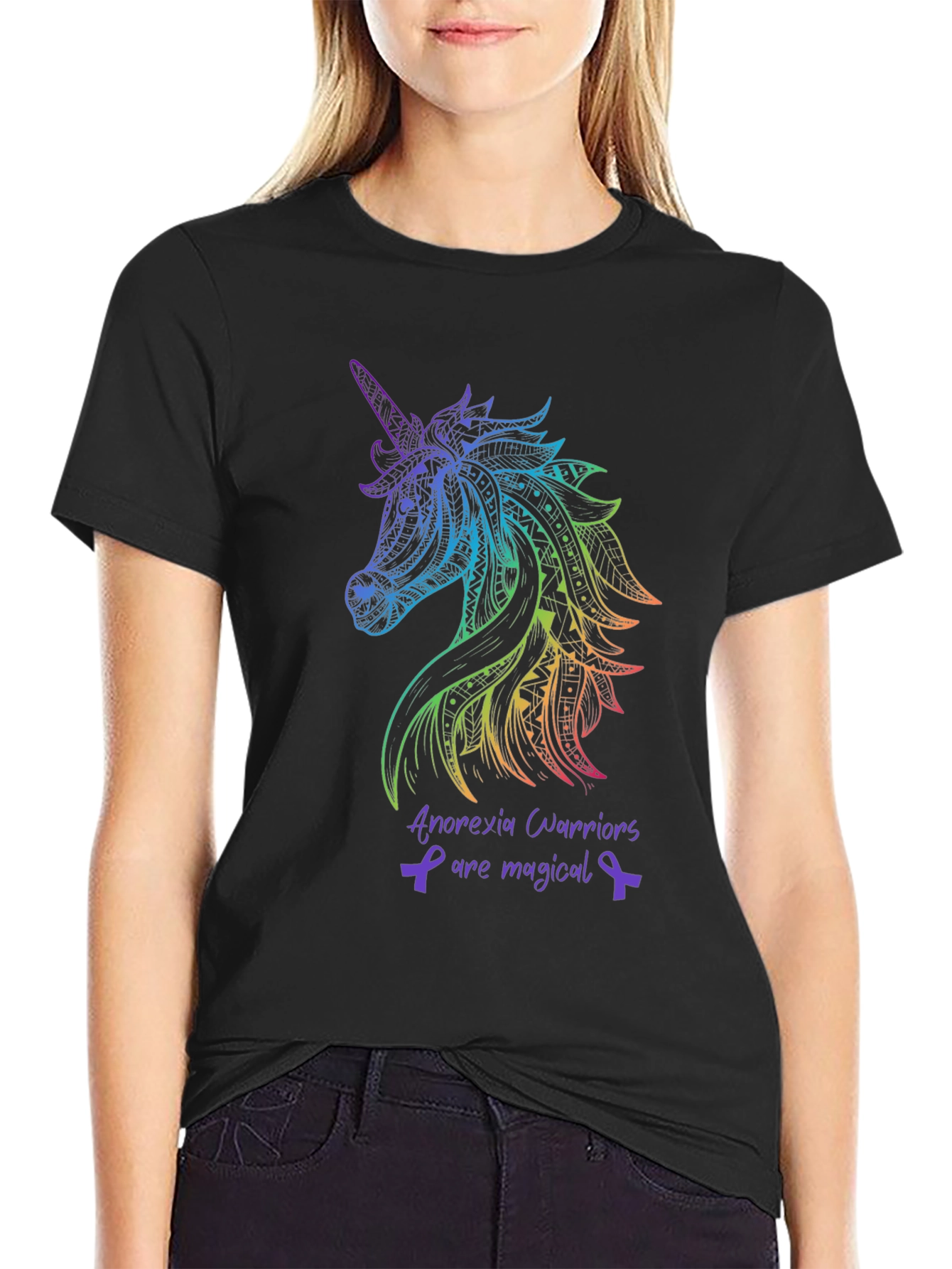 Black Unicorn Anorexia Warrior Awareness T-Shirt view 2