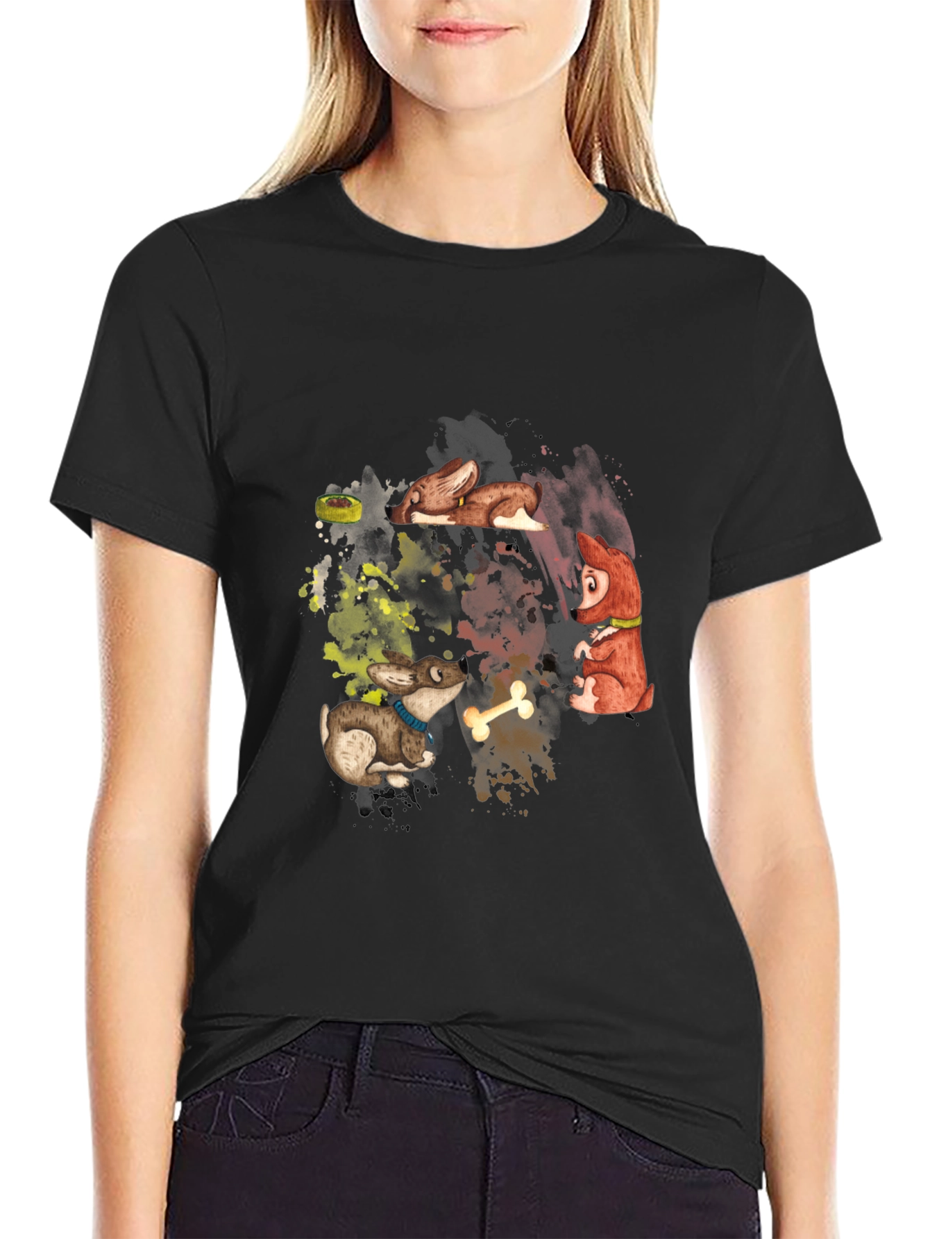 Black Cartoon Dogs Graphic Black T-Shirt view 2