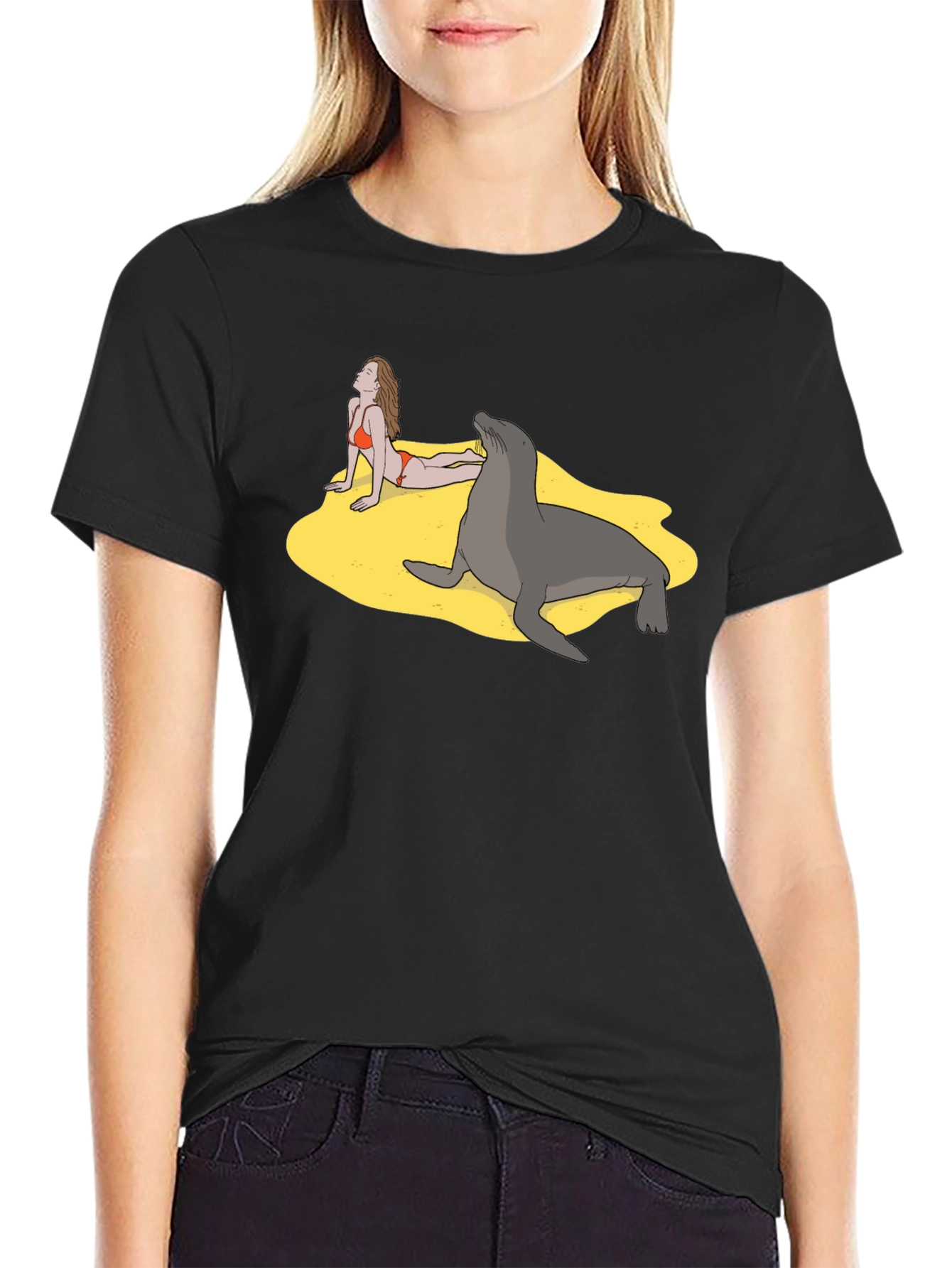 Black Funny Beach T-Shirt with Woman and Seal view 2