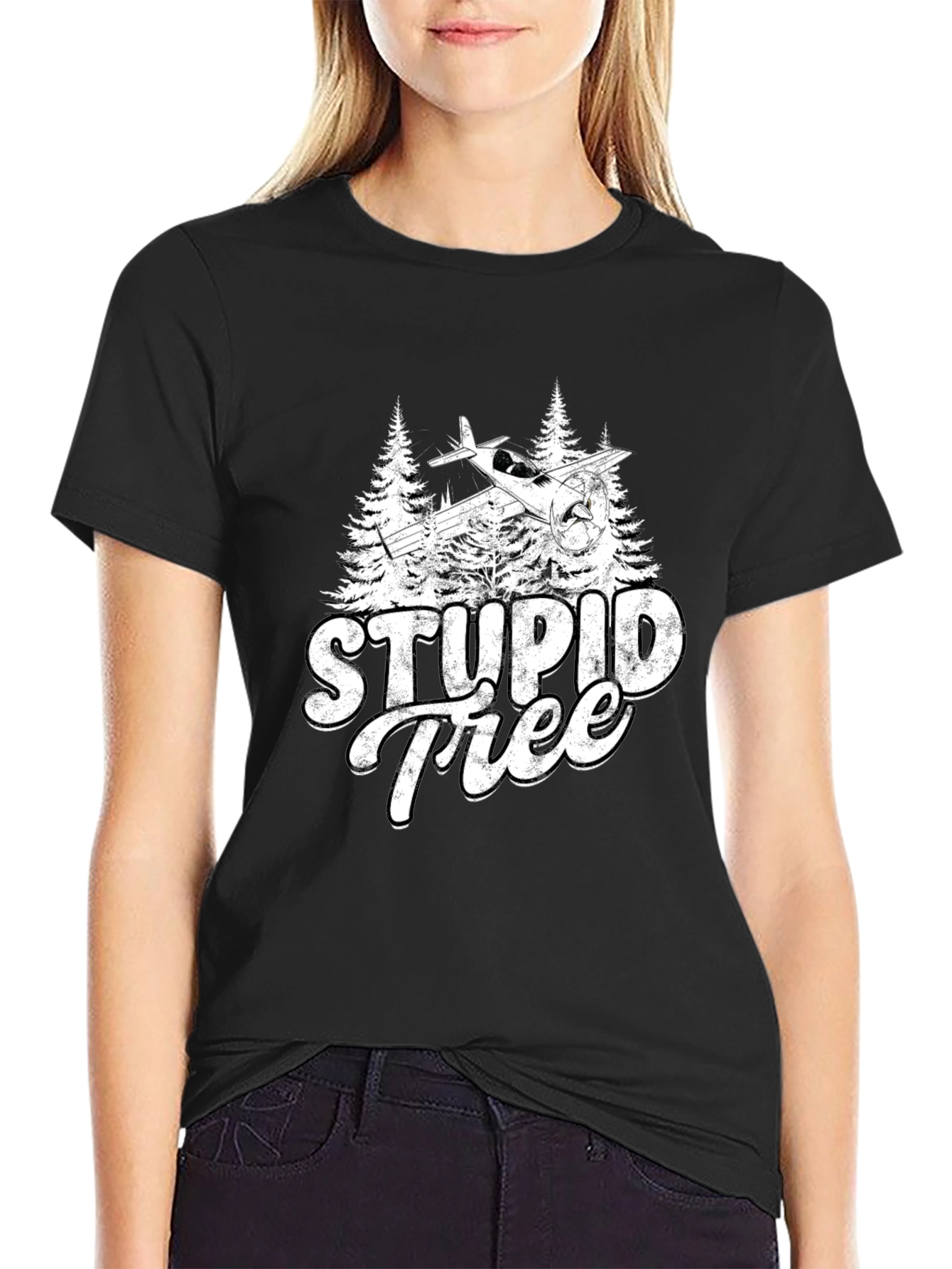 Black Stupid Tree Airplane Humor Graphic Tee view 2