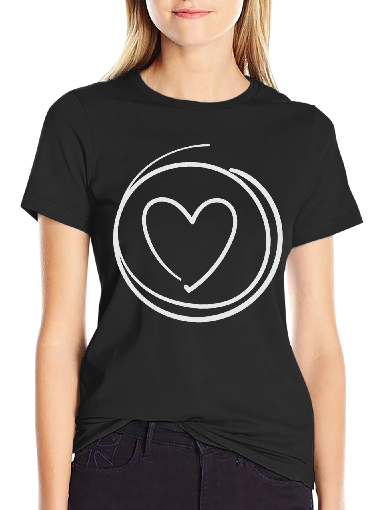 Black Heart Circle Graphic Tee - Casual Black Cotton T-Shirt view 2