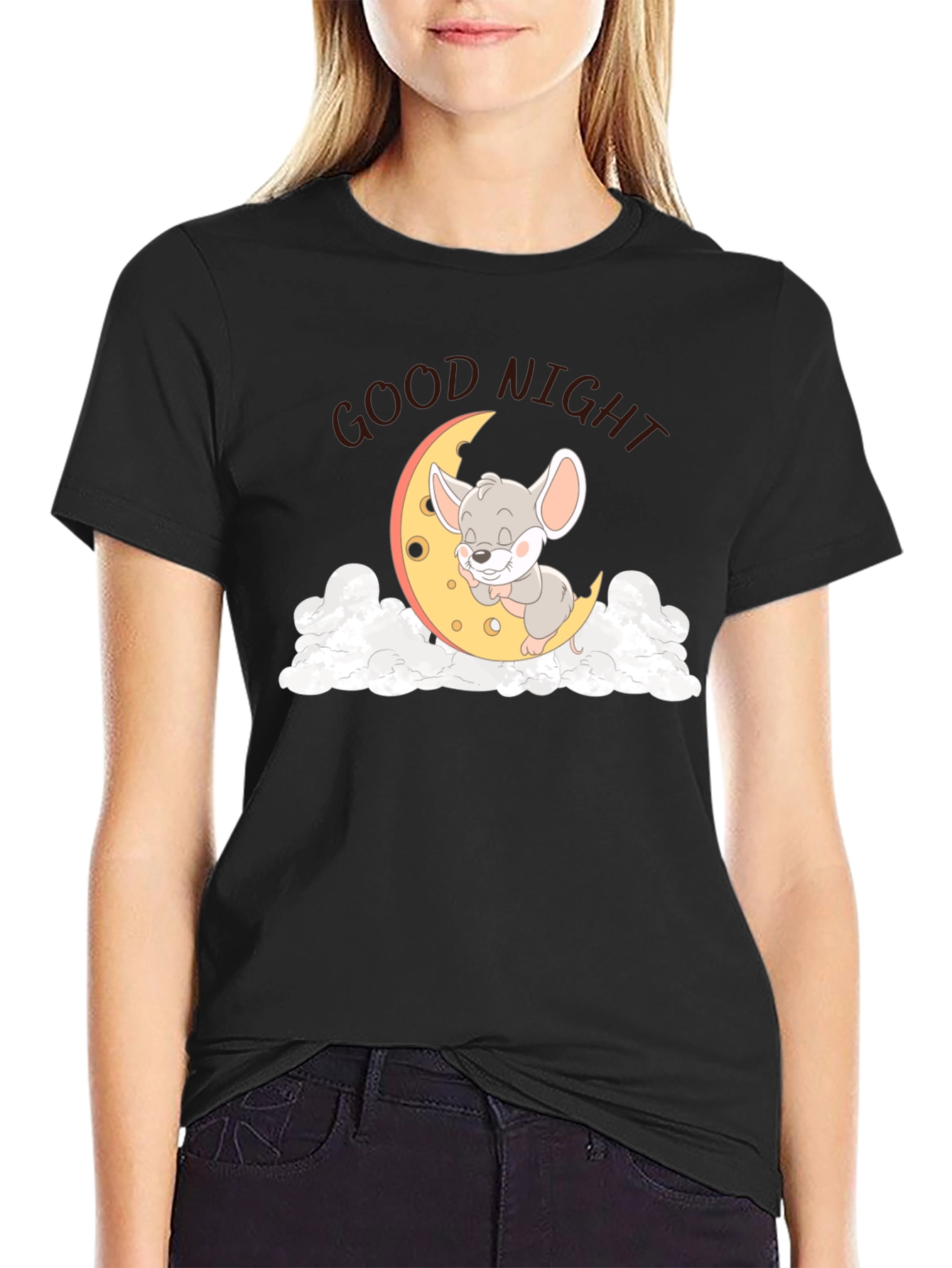 Black Cute Sleeping Mouse on Moon Graphic T-Shirt view 2