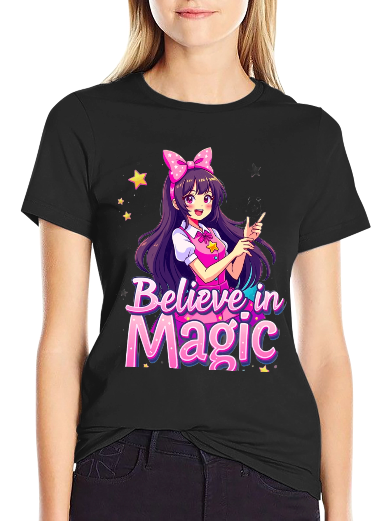 Black Believe in Magic Anime Girl Graphic T-Shirt view 2