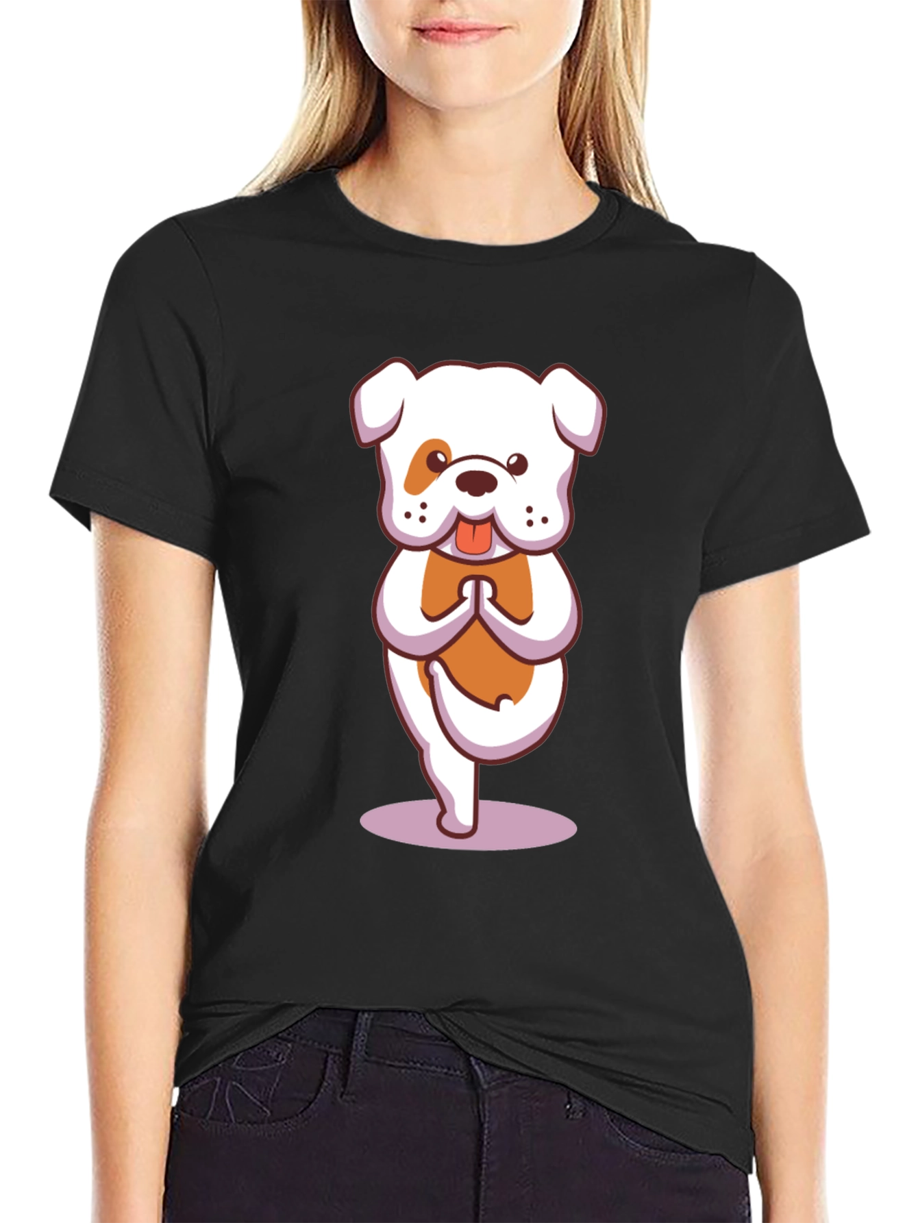 Black Yoga Bulldog Black T-Shirt view 2