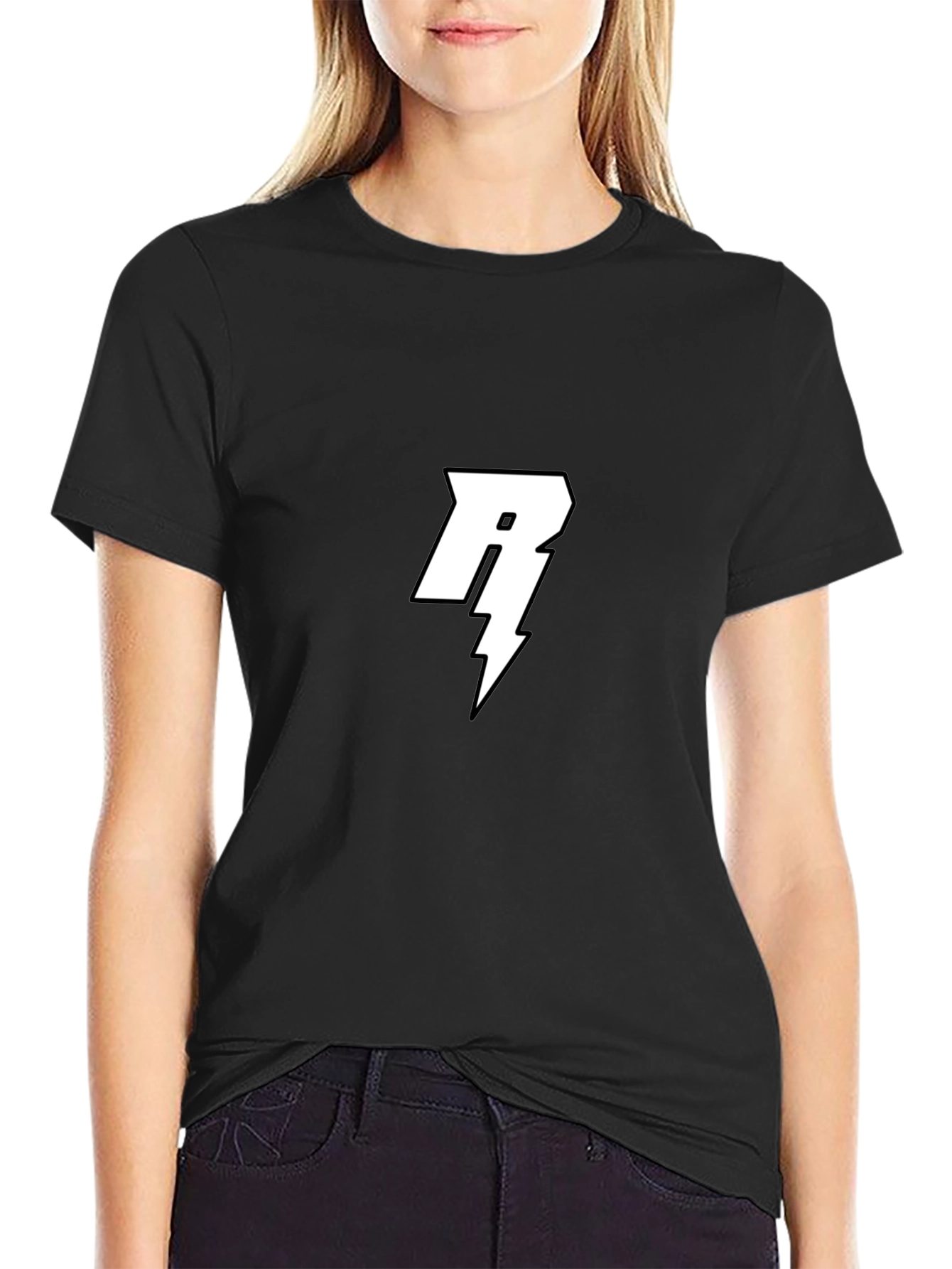 Black Black T-Shirt with White Letter R Lightning Bolt Design view 2