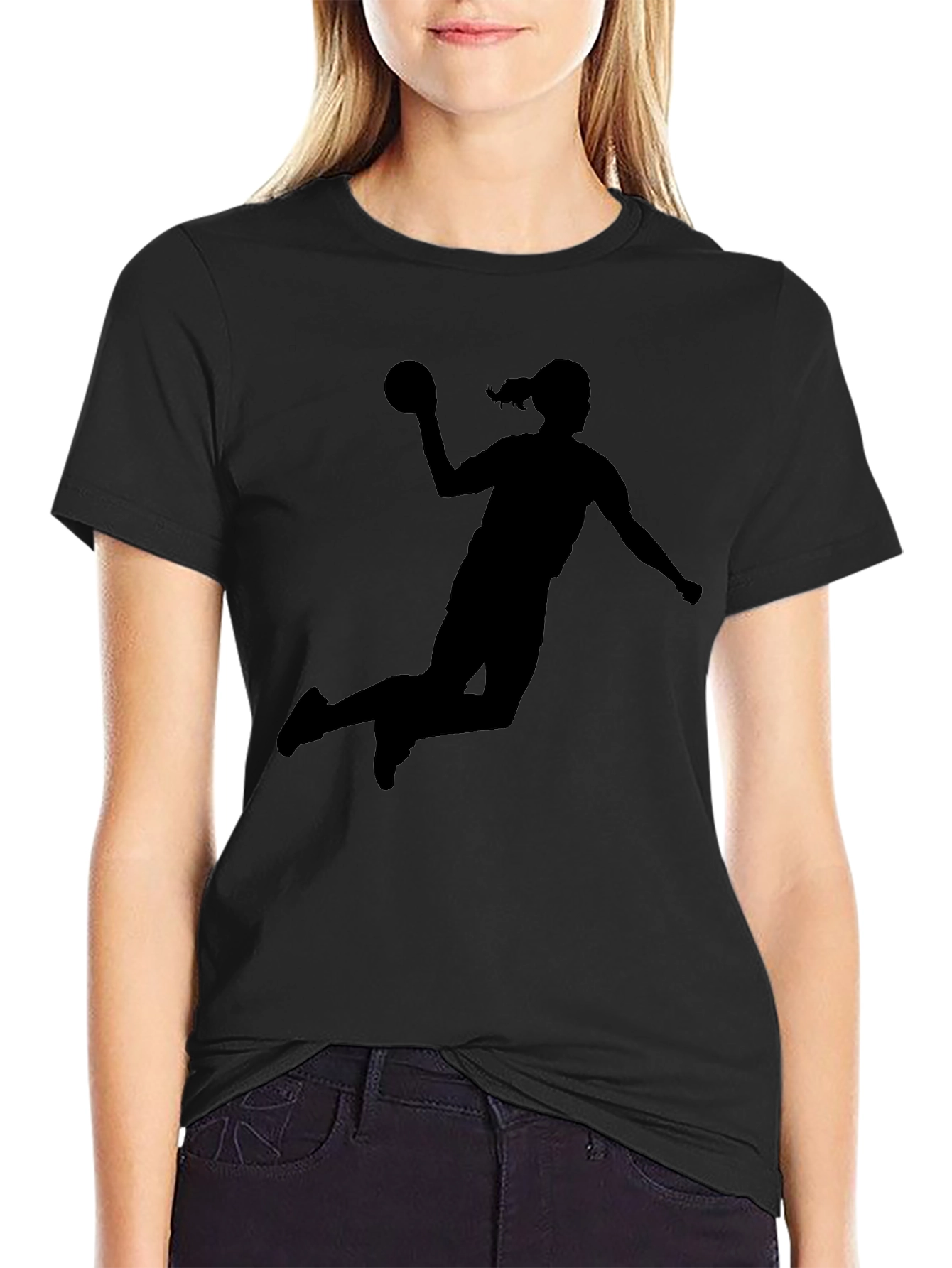 Black Handball Player Silhouette Black T-Shirt view 2