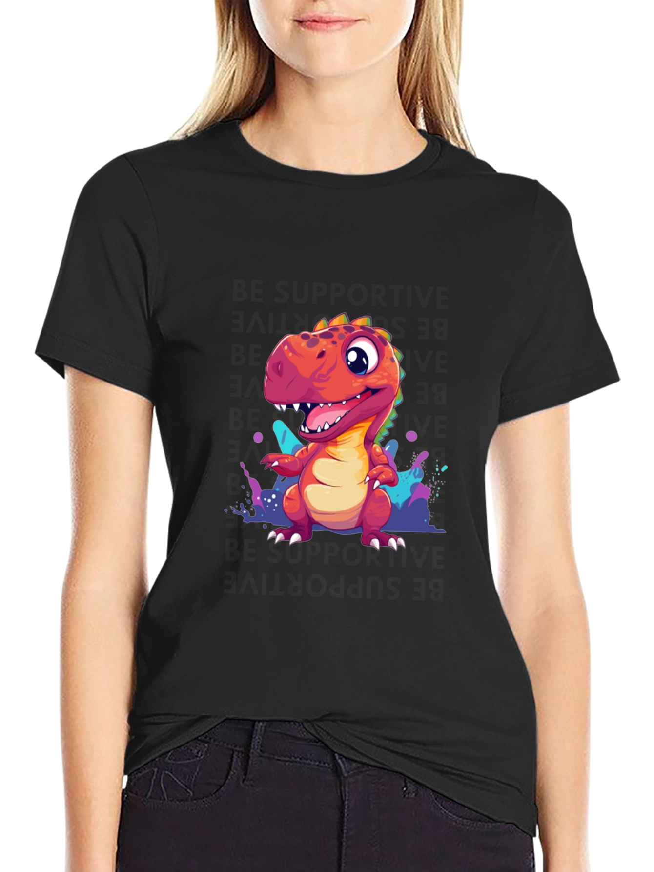 Black Cute Dinosaur T-Shirt - Graphic Tee for Dino Lovers view 2
